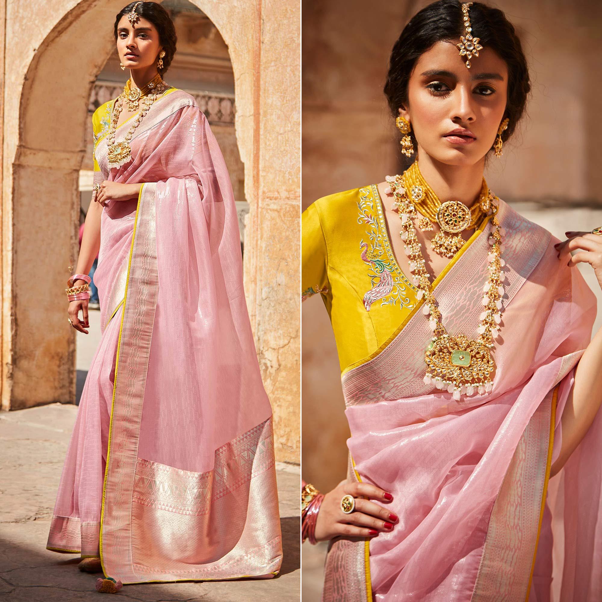 Baby Pink  Festive Wear Woven Silk Saree - Peachmode