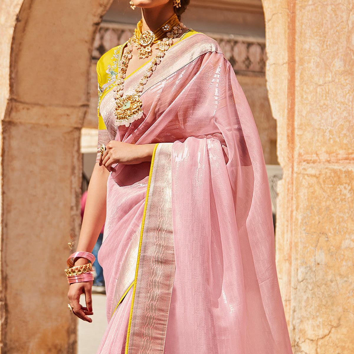 Baby Pink  Festive Wear Woven Silk Saree - Peachmode