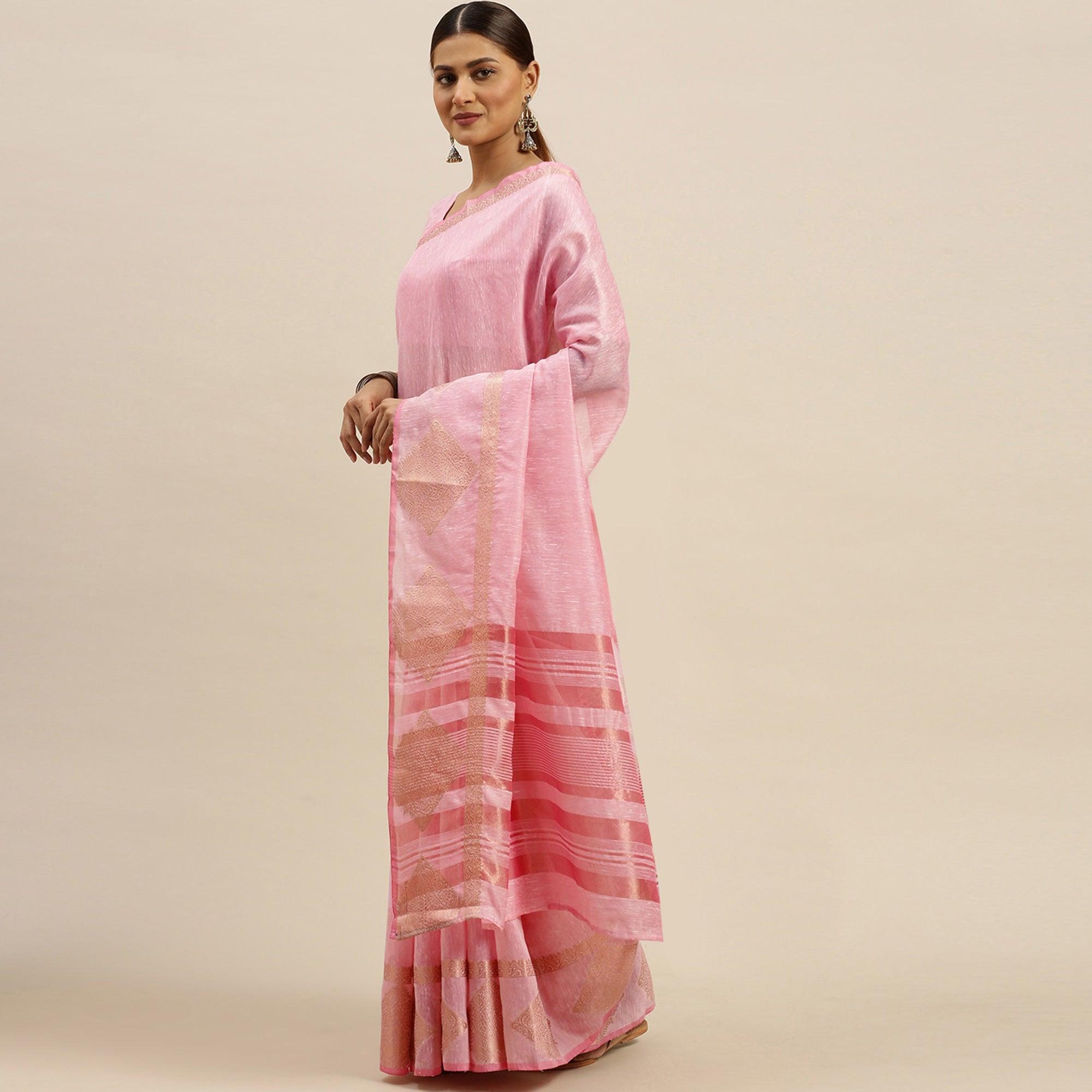 Baby Pink Festive Wear Woven Silk Saree With Jacquard Border - Peachmode