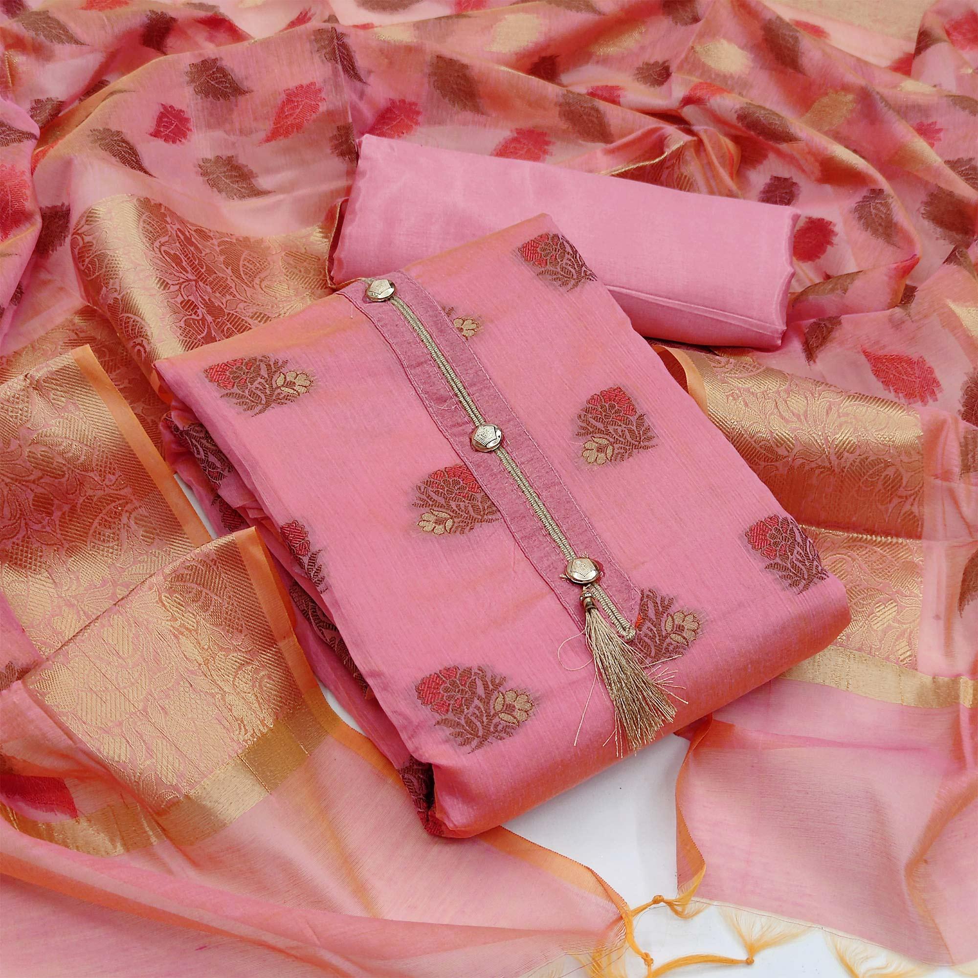 Baby Pink Festive Wear Woven Work Banarasi Jacquard Dress Material - Peachmode
