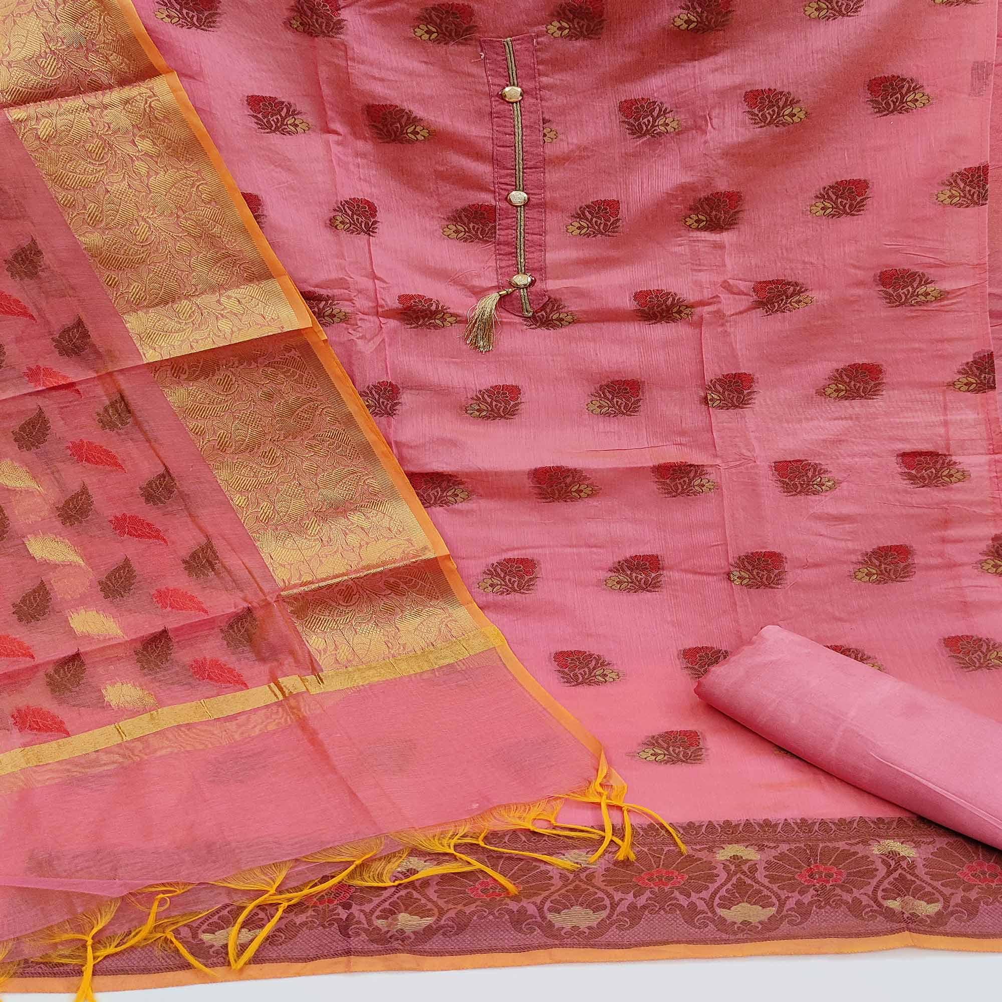 Baby Pink Festive Wear Woven Work Banarasi Jacquard Dress Material - Peachmode