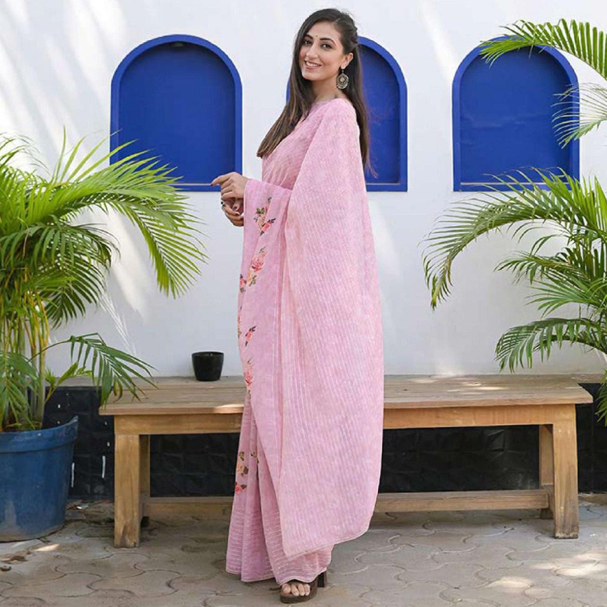 Baby Pink Party Wear Digital Printed Georgette Saree - Peachmode