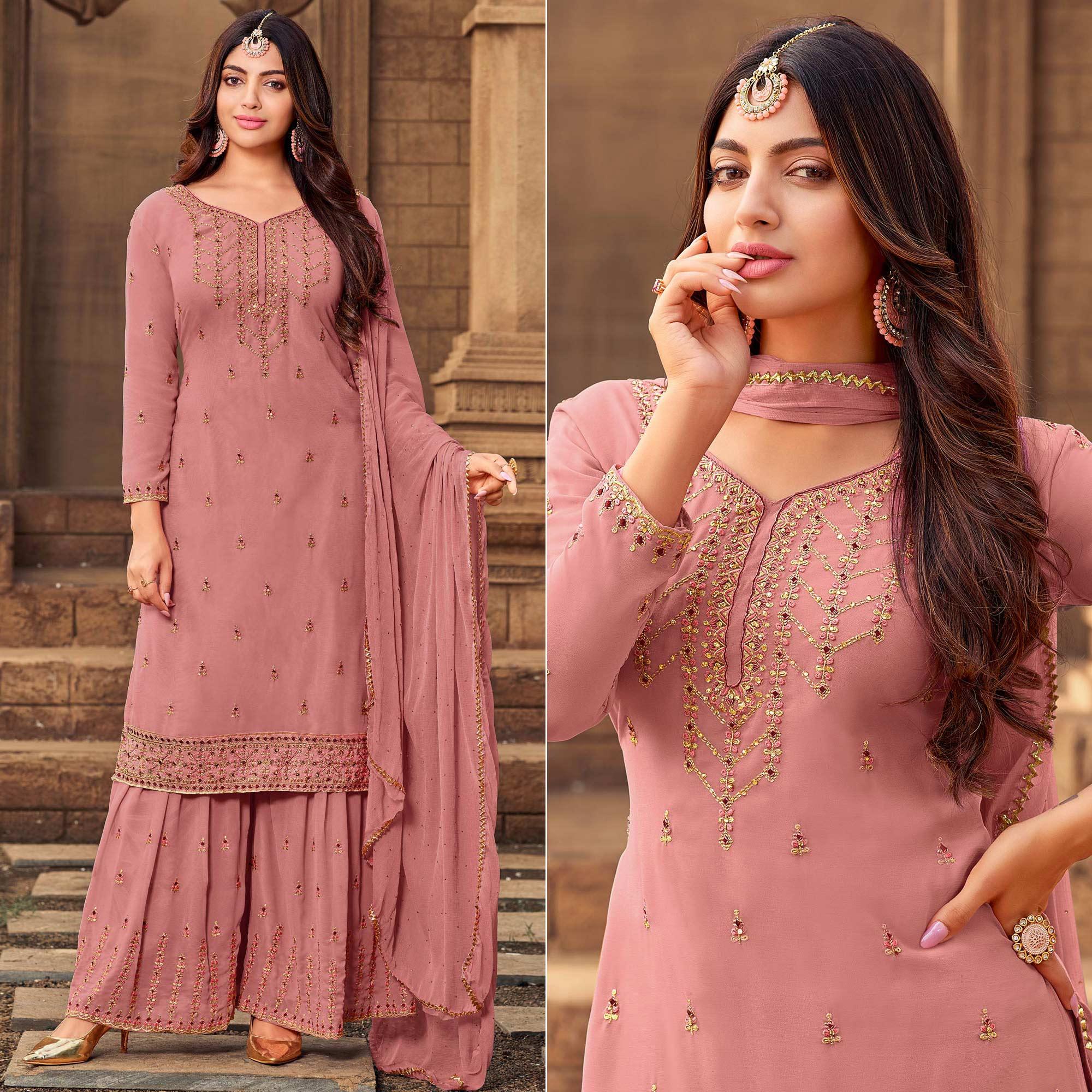 Baby Pink Party Wear Embroidered & Embellished Georgette Palazzo Suit - Peachmode