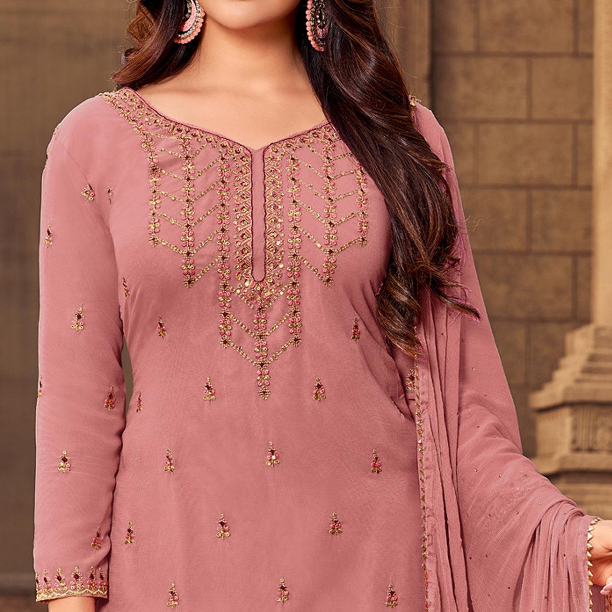 Baby Pink Party Wear Embroidered & Embellished Georgette Palazzo Suit - Peachmode