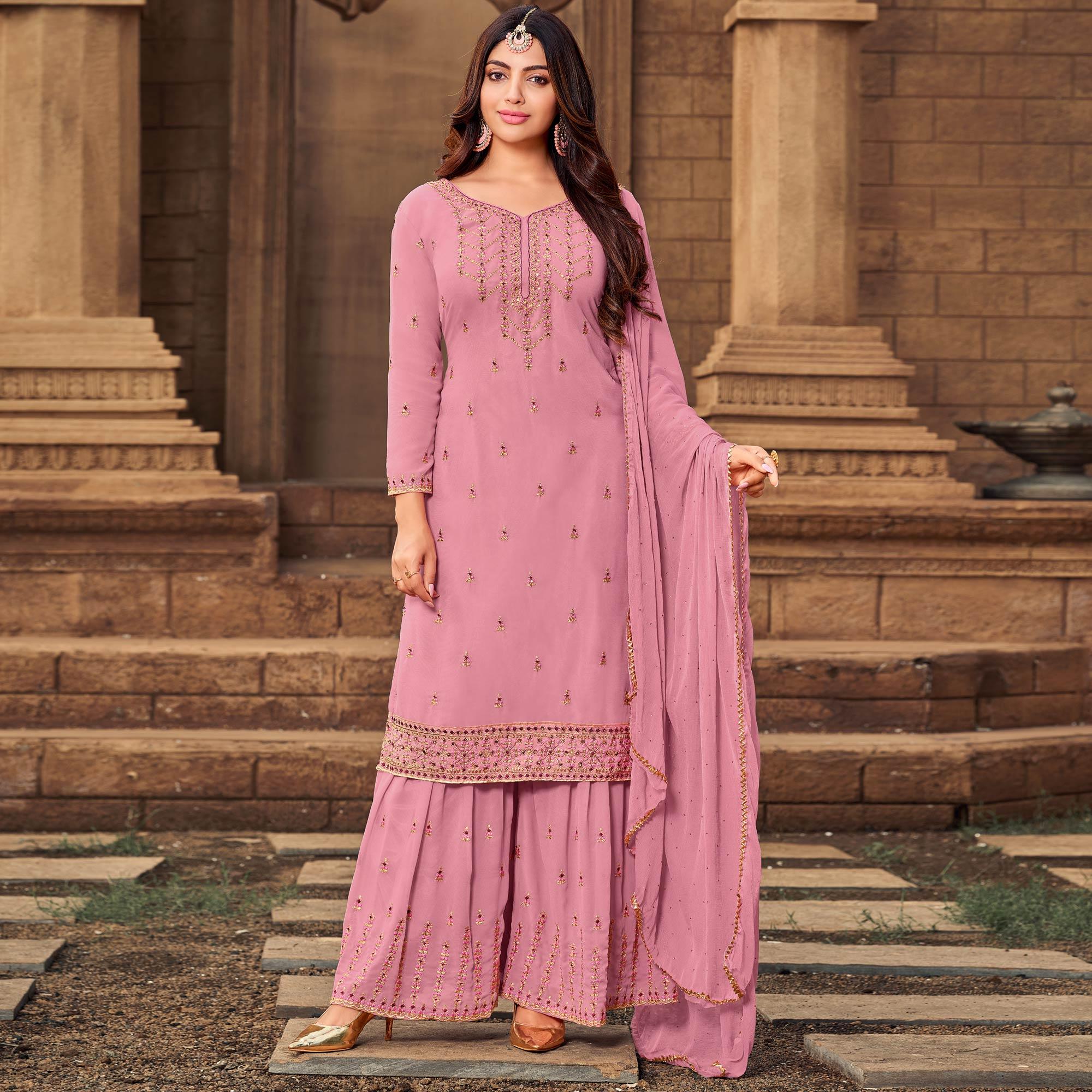 Baby Pink Party Wear Embroidered & Embellished Georgette Palazzo Suit - Peachmode
