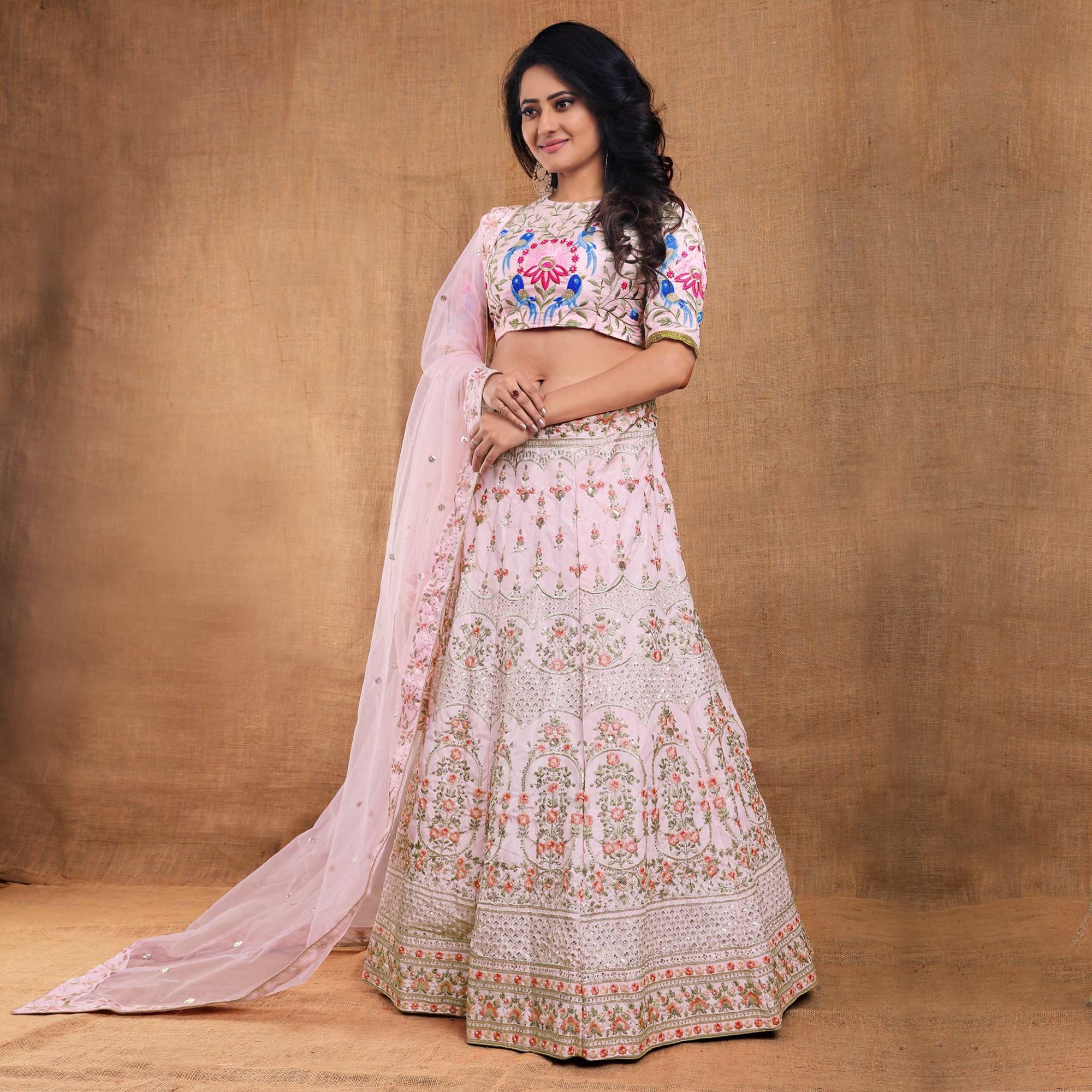 Baby-Pink Party Wear Sequence Embroidered Silk Lehenga Choli - Peachmode