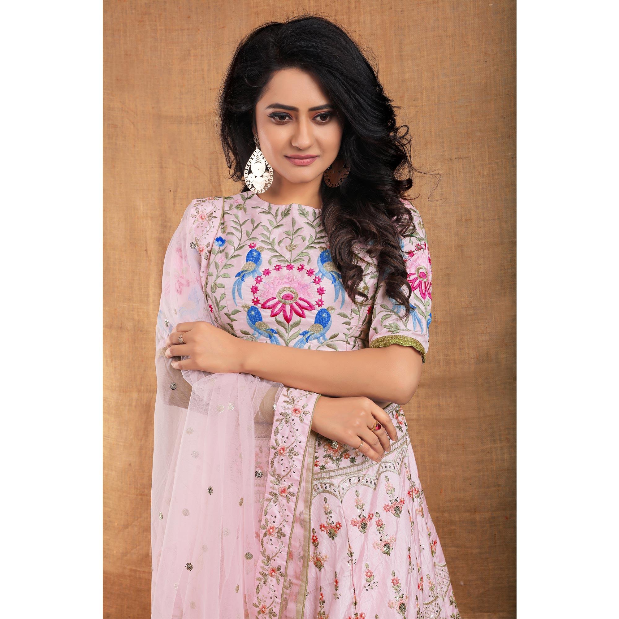 Baby-Pink Party Wear Sequence Embroidered Silk Lehenga Choli - Peachmode