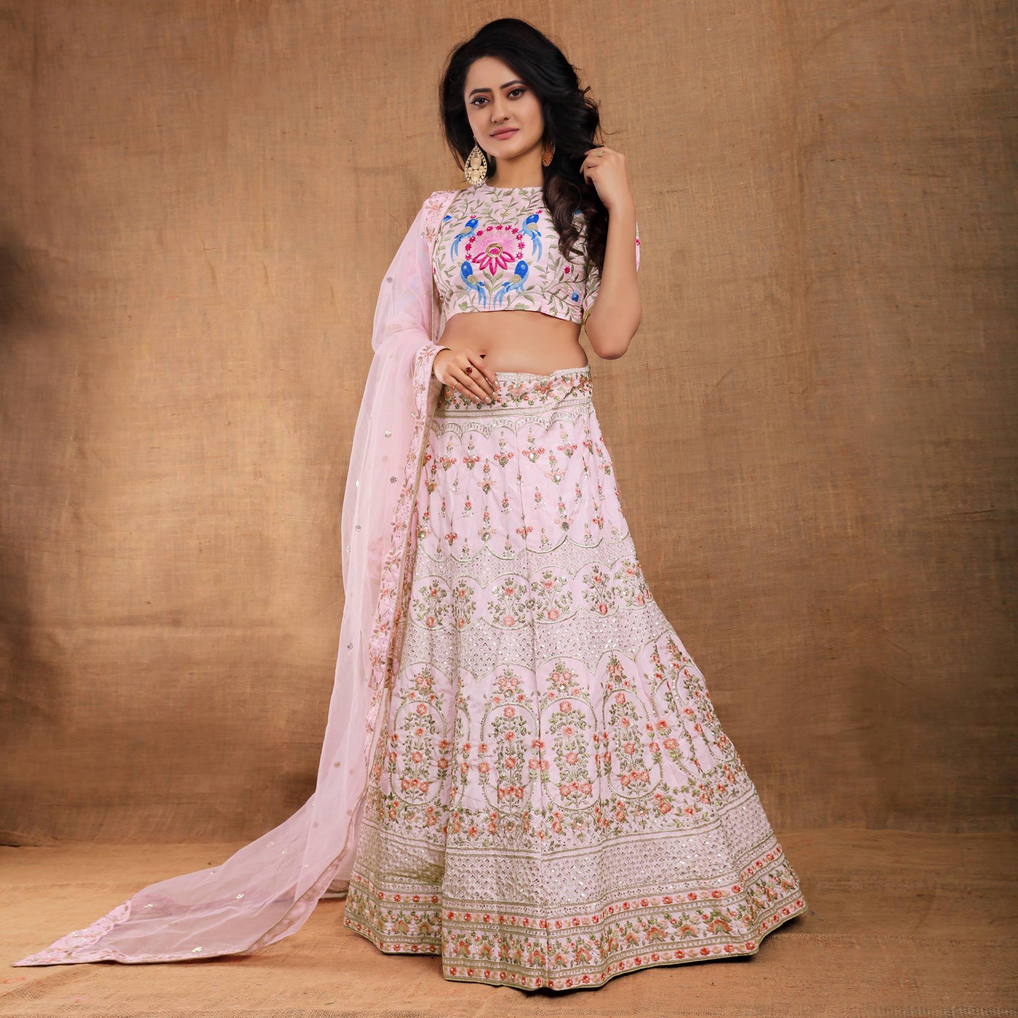Baby-Pink Party Wear Sequence Embroidered Silk Lehenga Choli - Peachmode