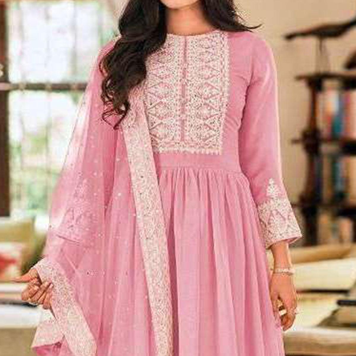 Baby Pink Partywear Embroidered Faux Georgette Palazzo Suit - Peachmode
