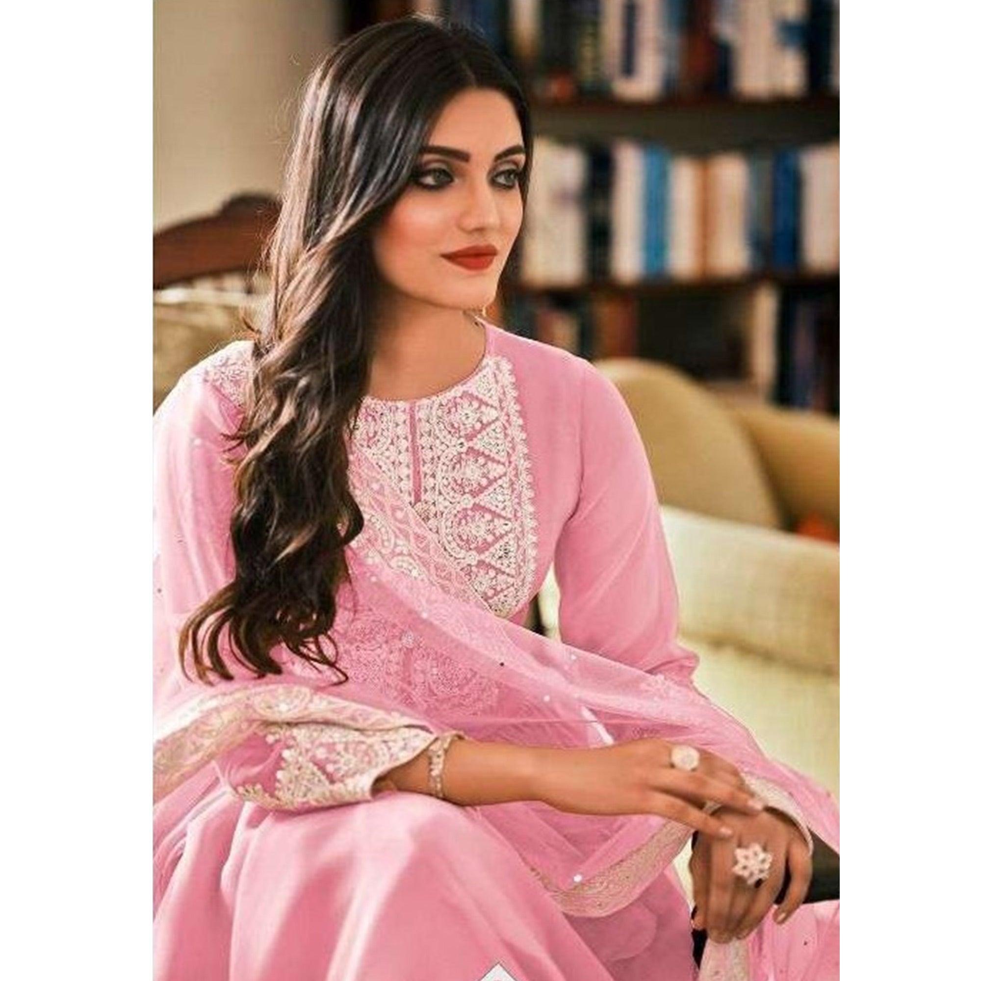 Baby Pink Partywear Embroidered Faux Georgette Palazzo Suit - Peachmode