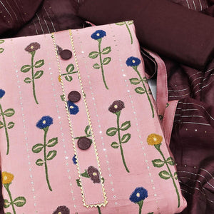 Baby Pink Printed-Sequins Work Pure Cotton Dress Material - Peachmode