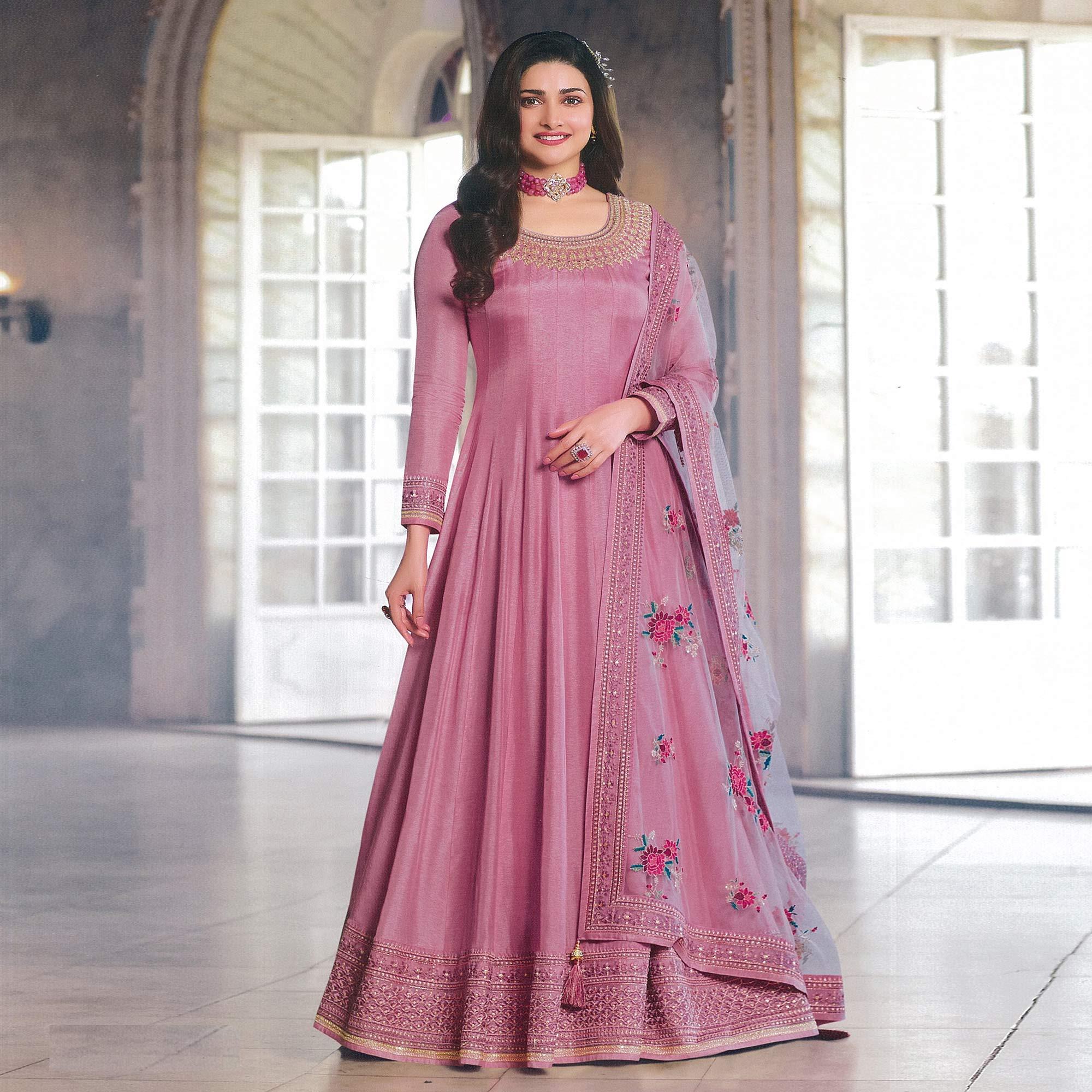 Baby Pink Sequence Embroidered Dola Silk Anarkali Style Gown - Peachmode
