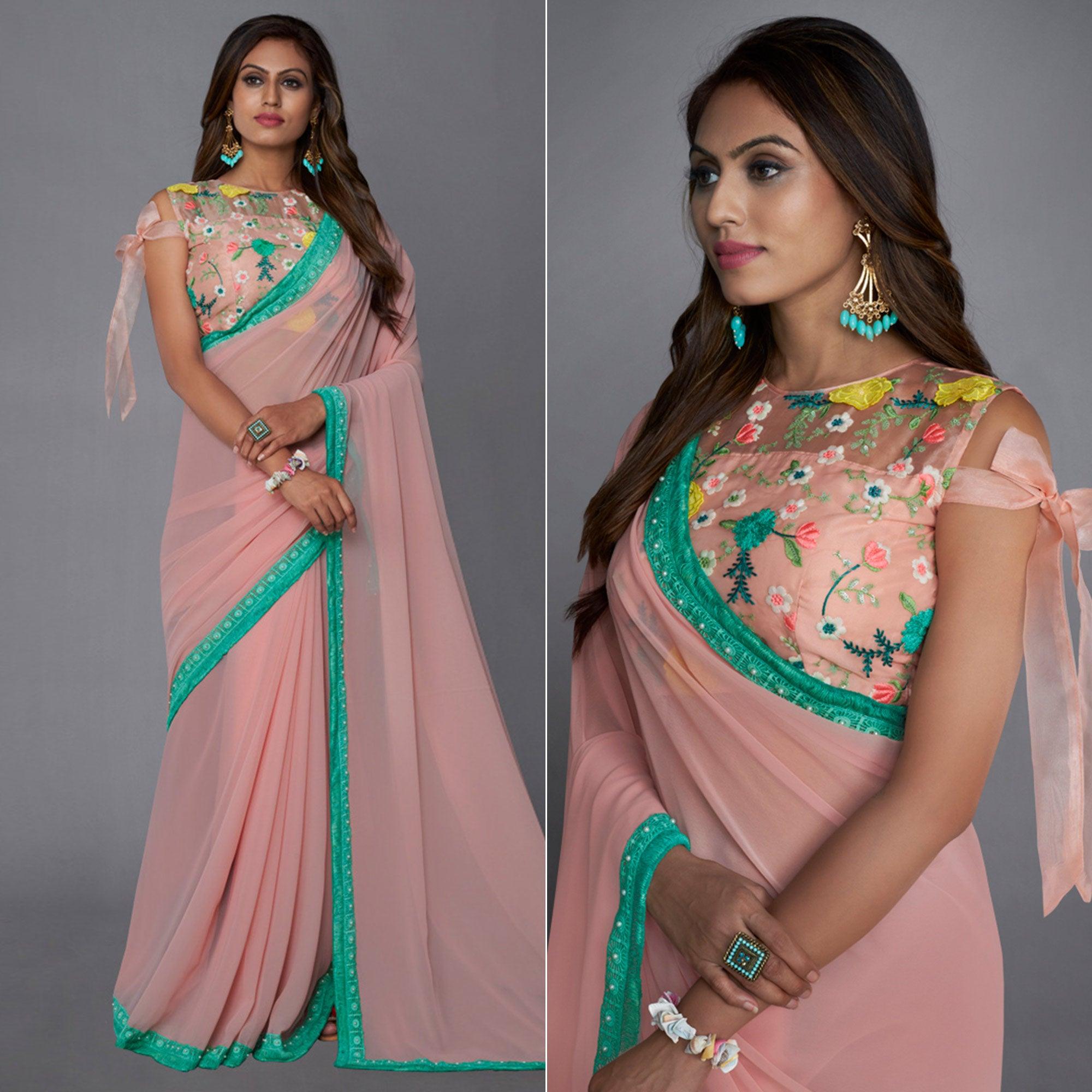 Baby Pink Solid Georgette Saree - Peachmode