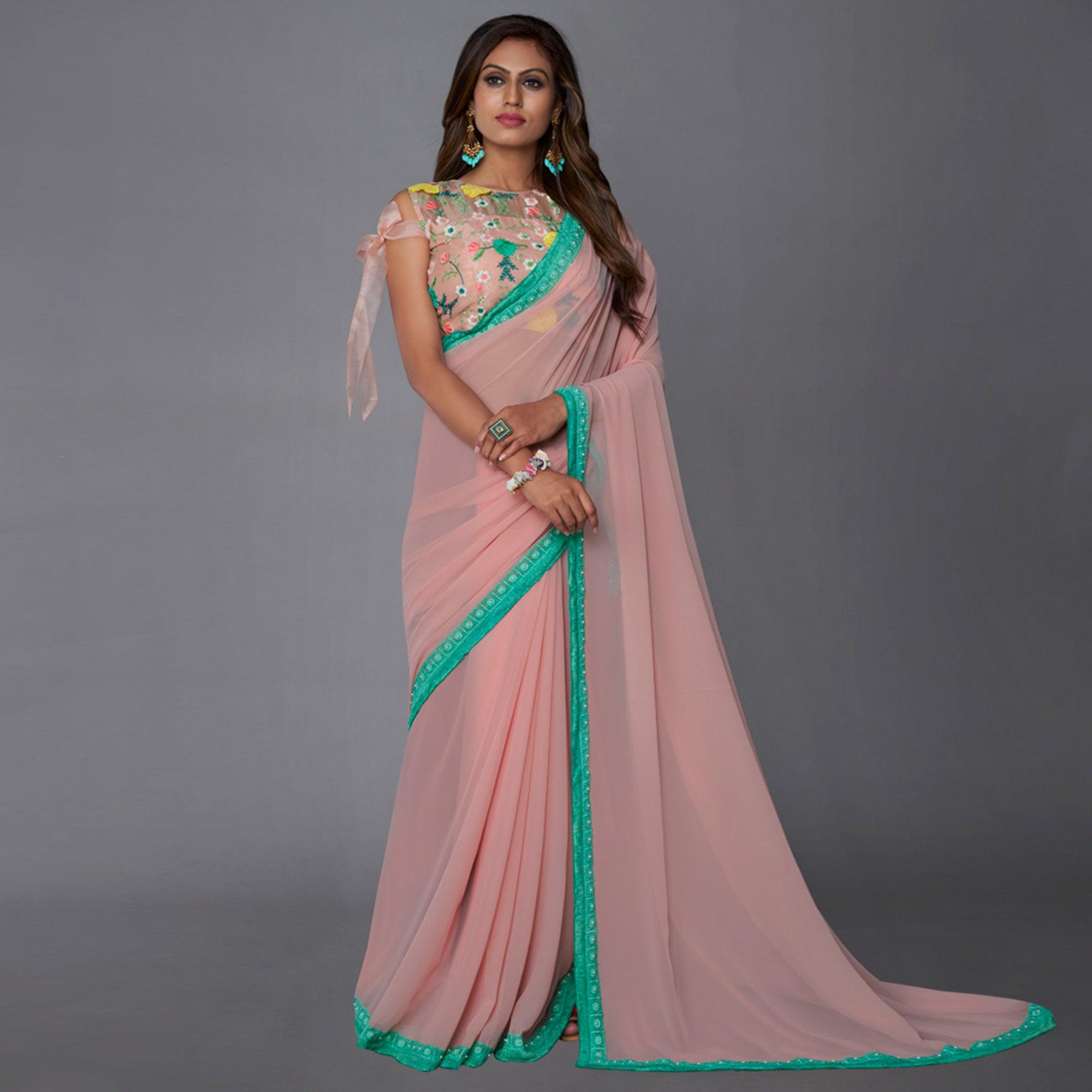 Baby Pink Solid Georgette Saree - Peachmode