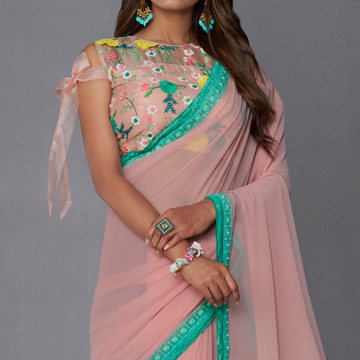 Baby Pink Solid Georgette Saree - Peachmode