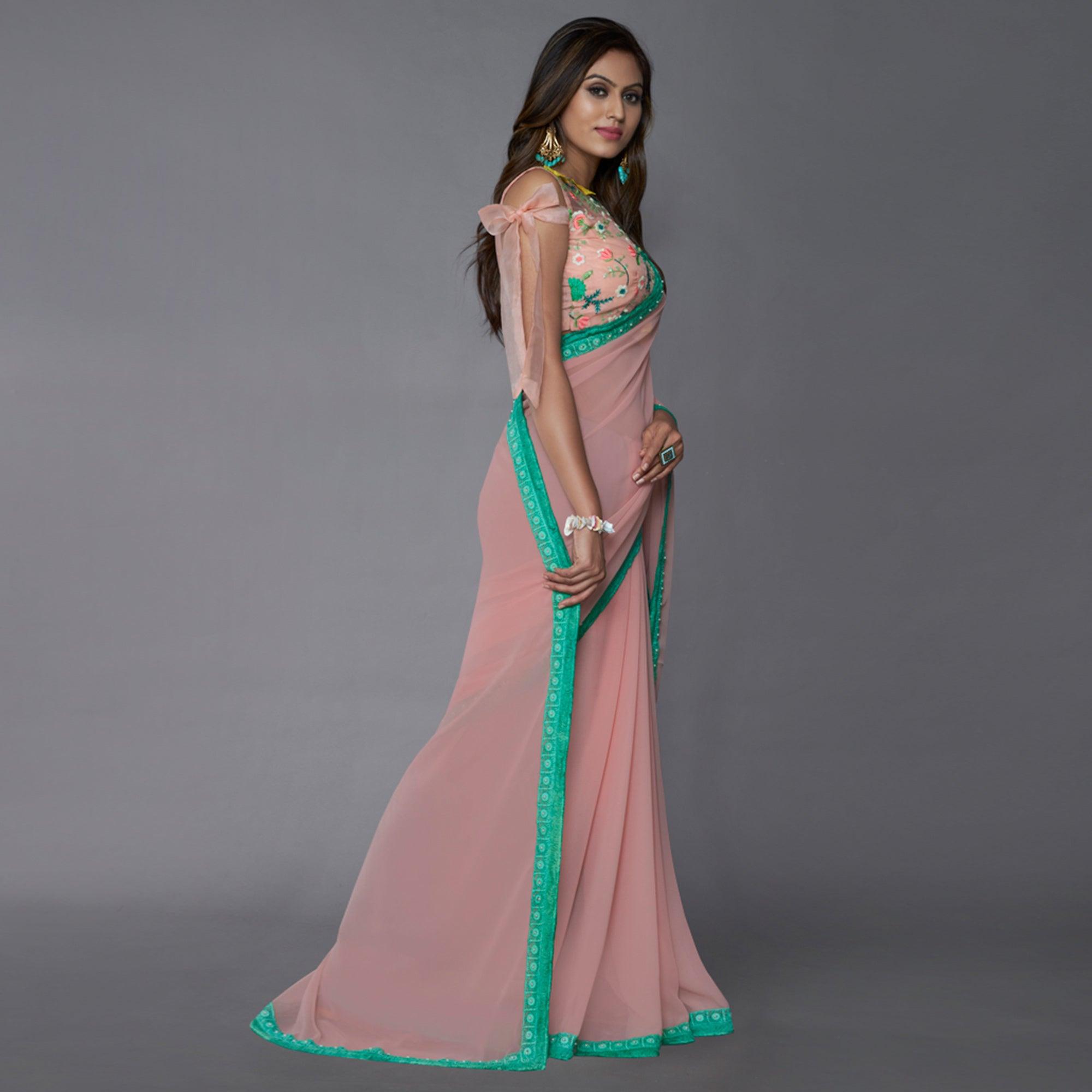 Baby Pink Solid Georgette Saree - Peachmode