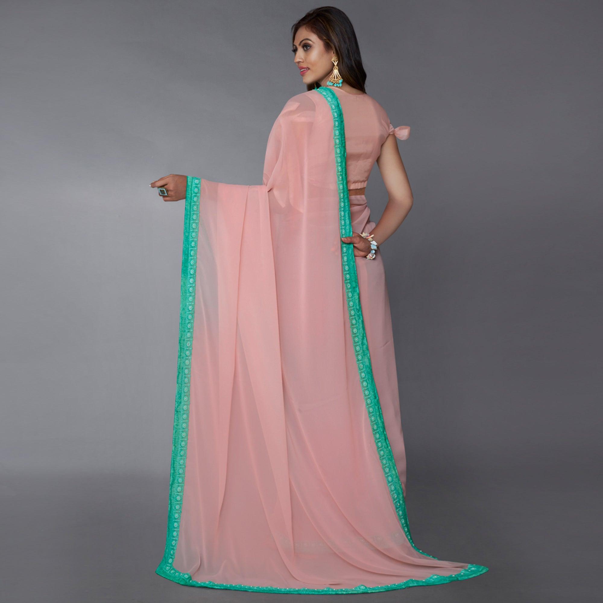 Baby Pink Solid Georgette Saree - Peachmode