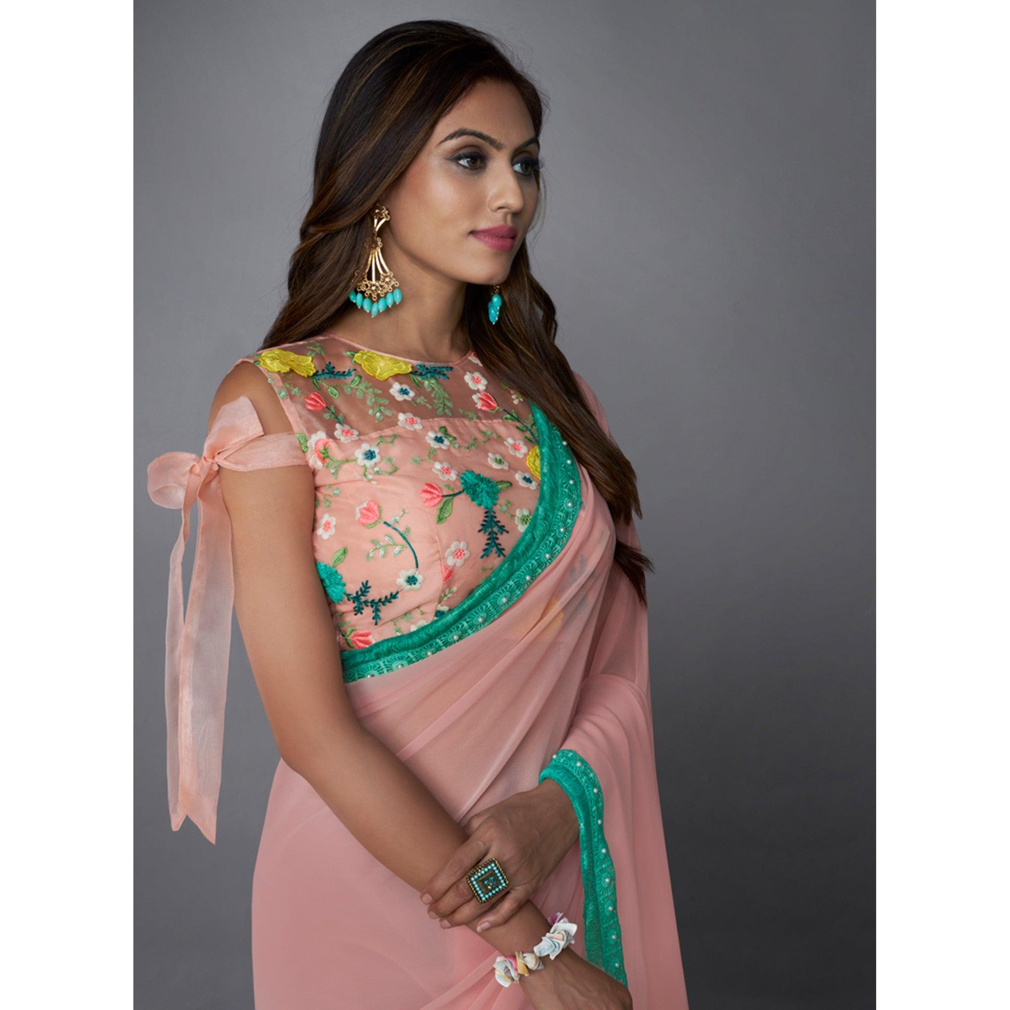 Baby Pink Solid Georgette Saree - Peachmode