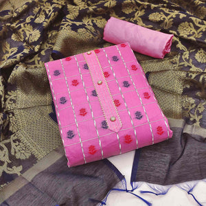 Baby Pink Woven Banarasi Silk Dress Material - Peachmode