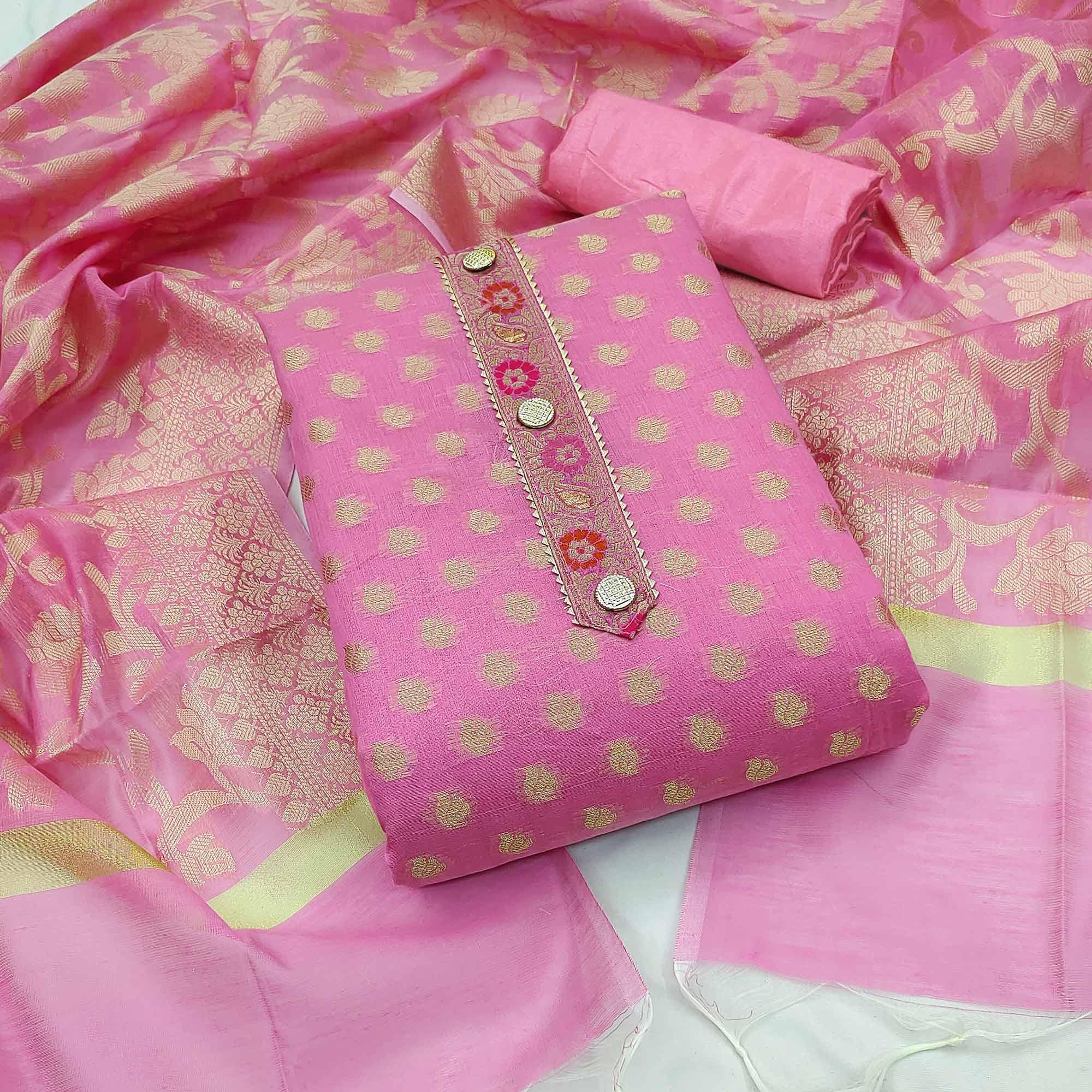 Baby Pink Woven Banarasi Silk Dress Material - Peachmode