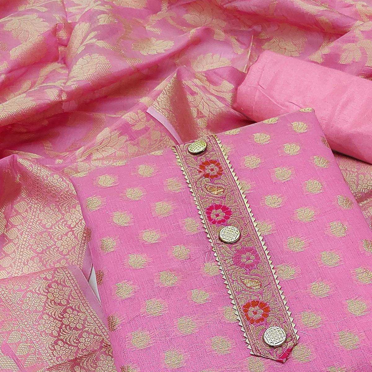 Baby Pink Woven Banarasi Silk Dress Material - Peachmode