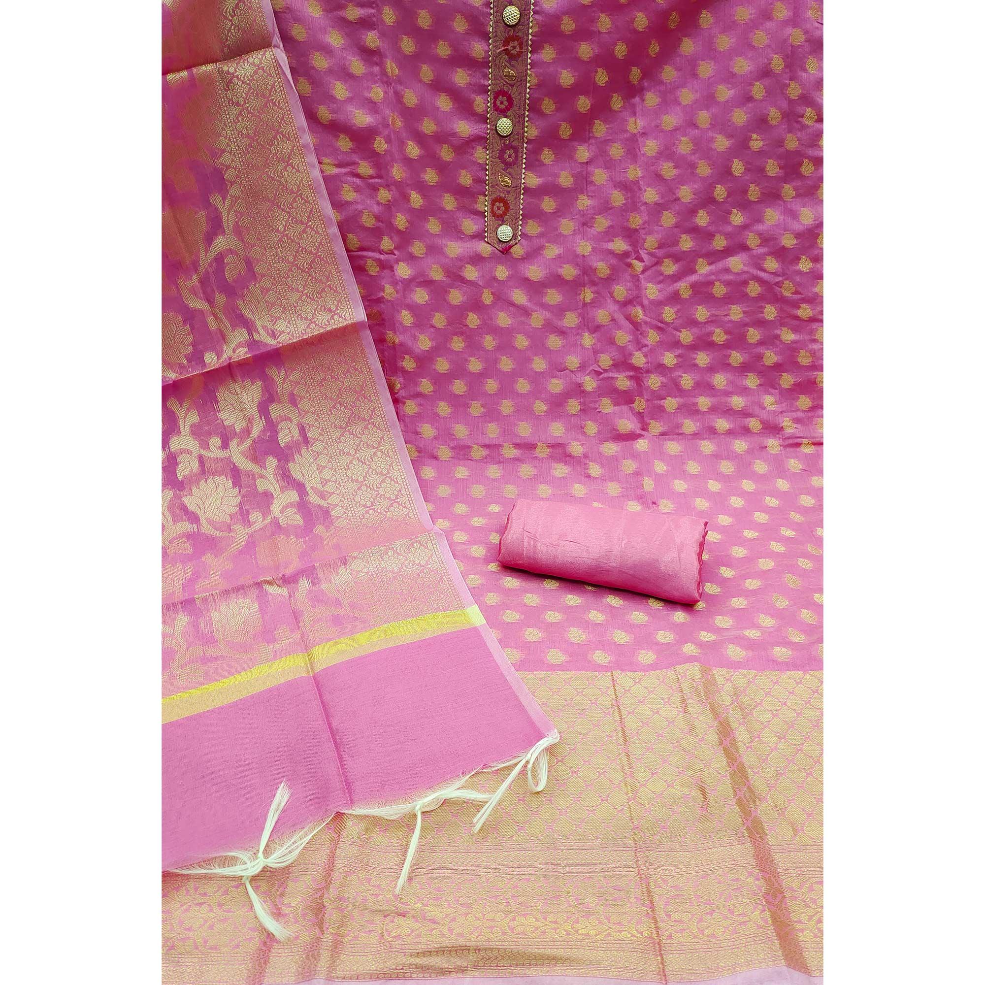 Baby Pink Woven Banarasi Silk Dress Material - Peachmode