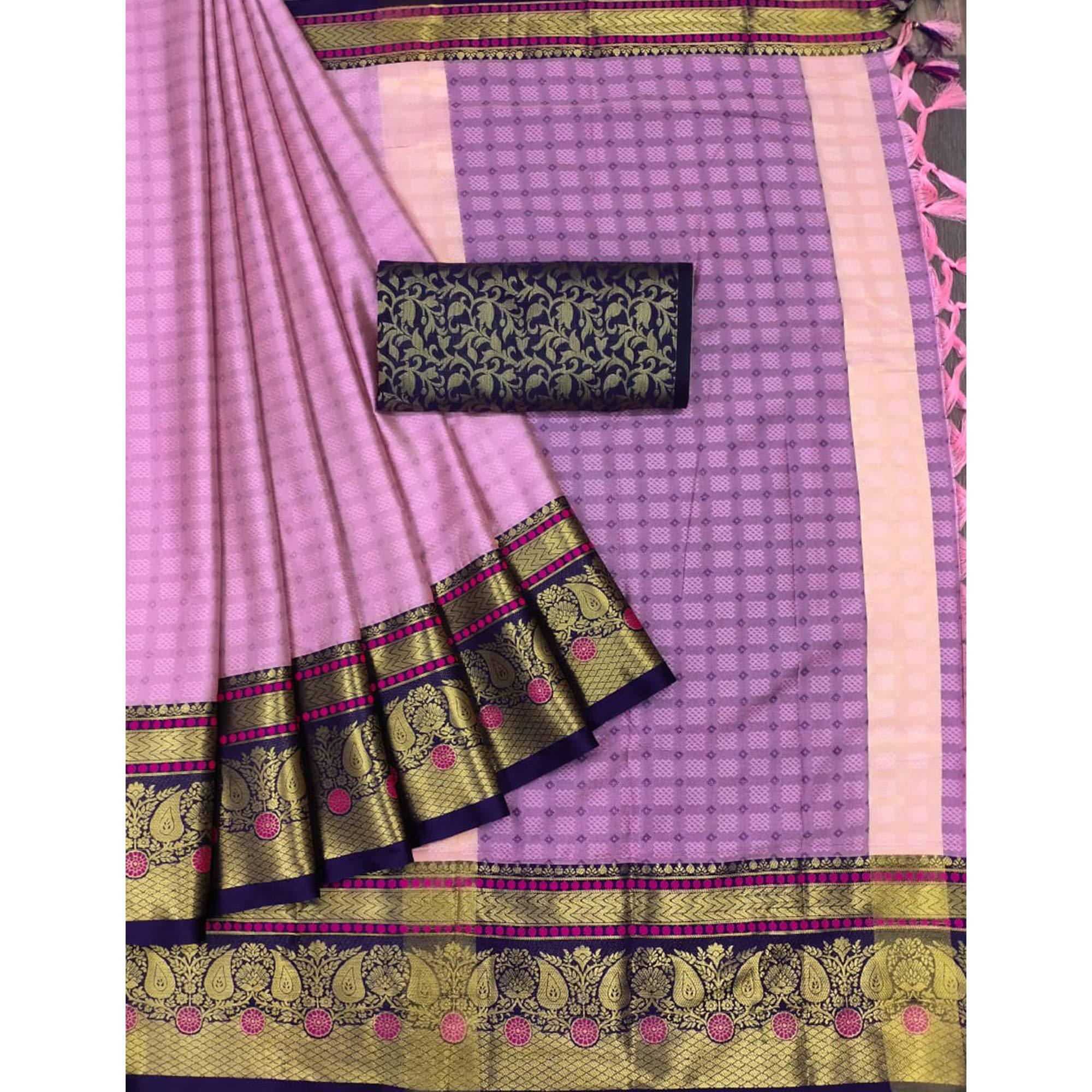 Baby Pink Woven Cotton Silk Saree With Tassels - Peachmode