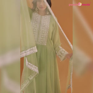Green Partywear Embroidered Faux Georgette Palazzo Suit