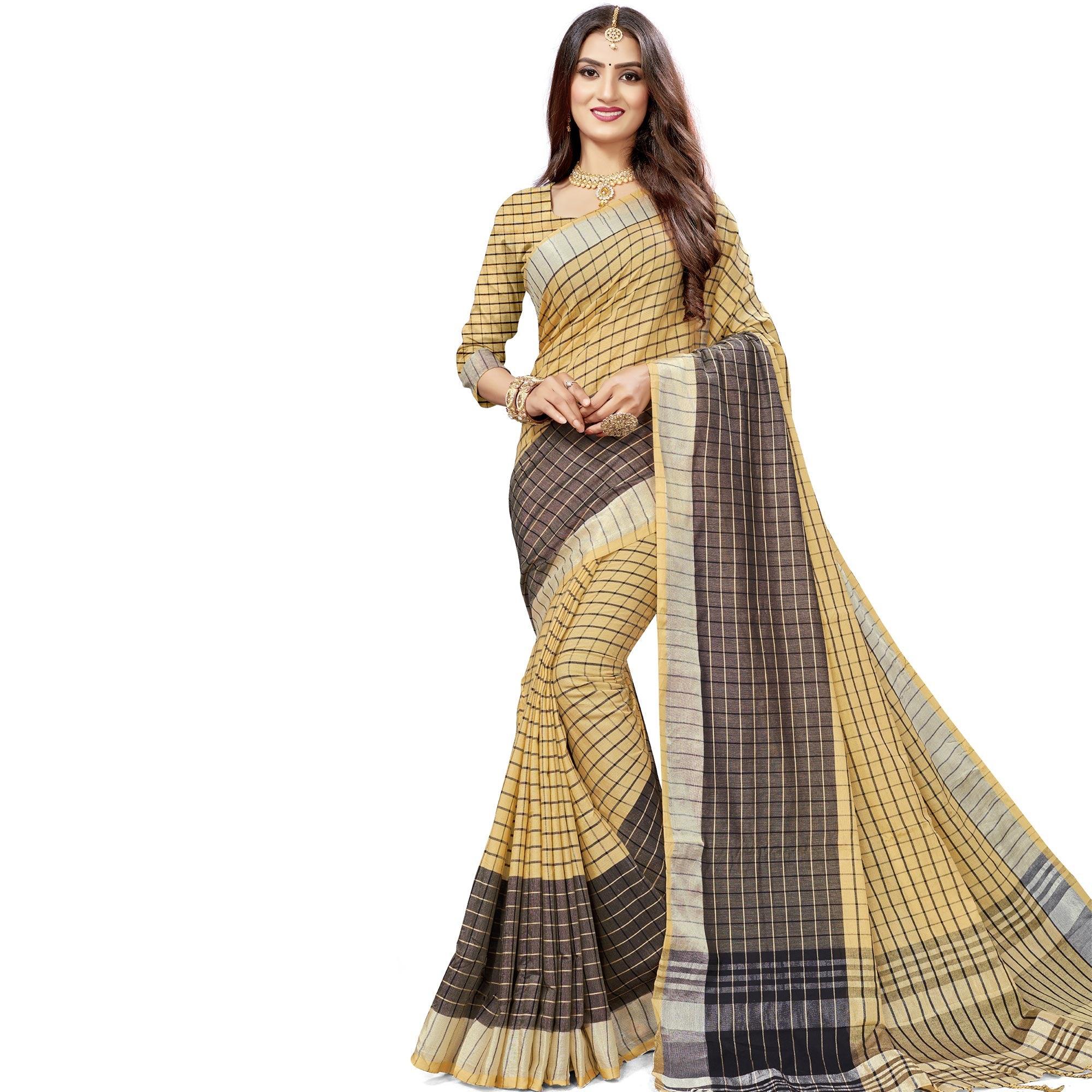 Beautiful Beige Colored Fesive Wear Checks Print Cotton Silk Saree With Tassels - Peachmode