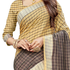 Beautiful Beige Colored Fesive Wear Checks Print Cotton Silk Saree With Tassels - Peachmode