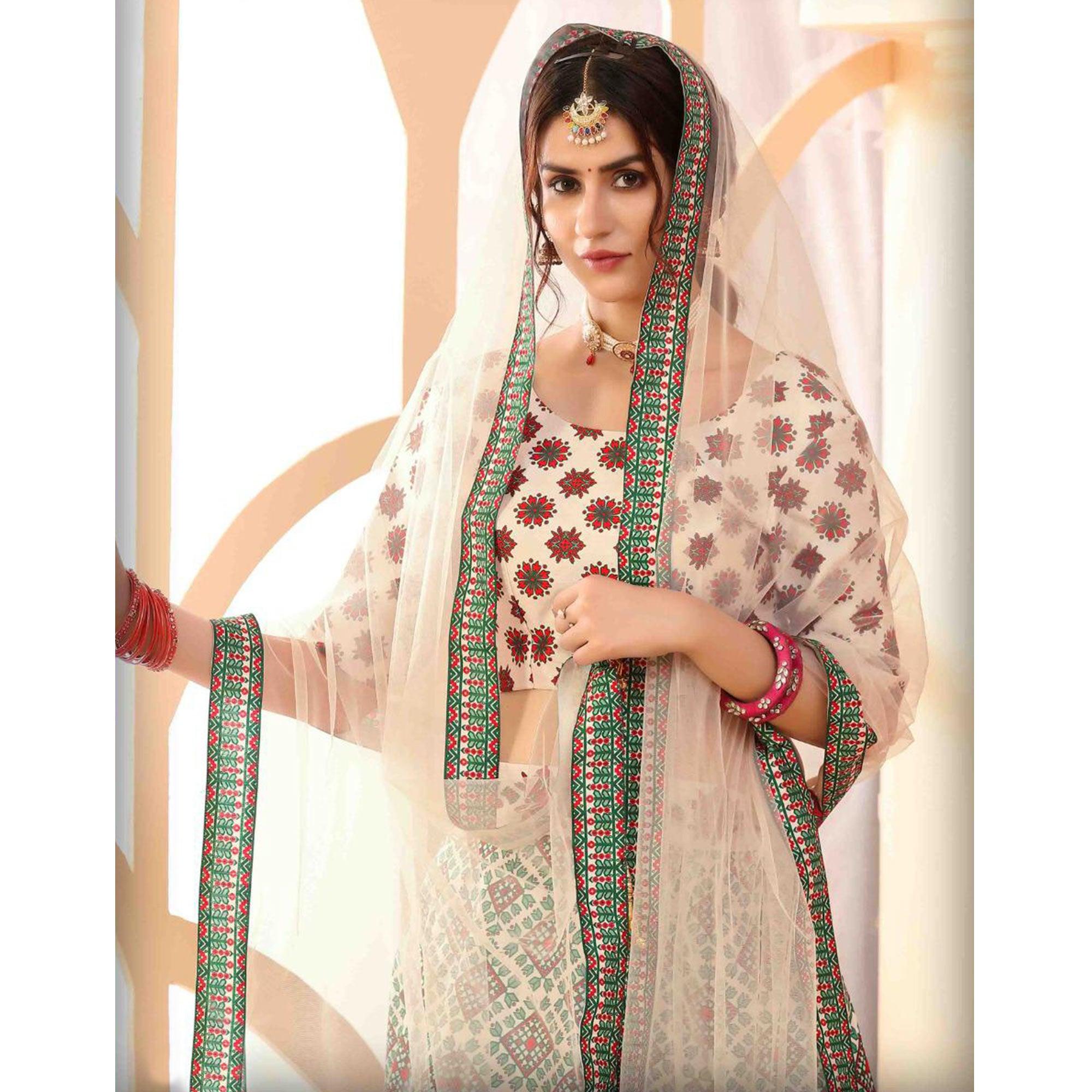 Beautiful Beige Coloured Partywear Digital Printed Art Silk Lehenga Choli - Peachmode