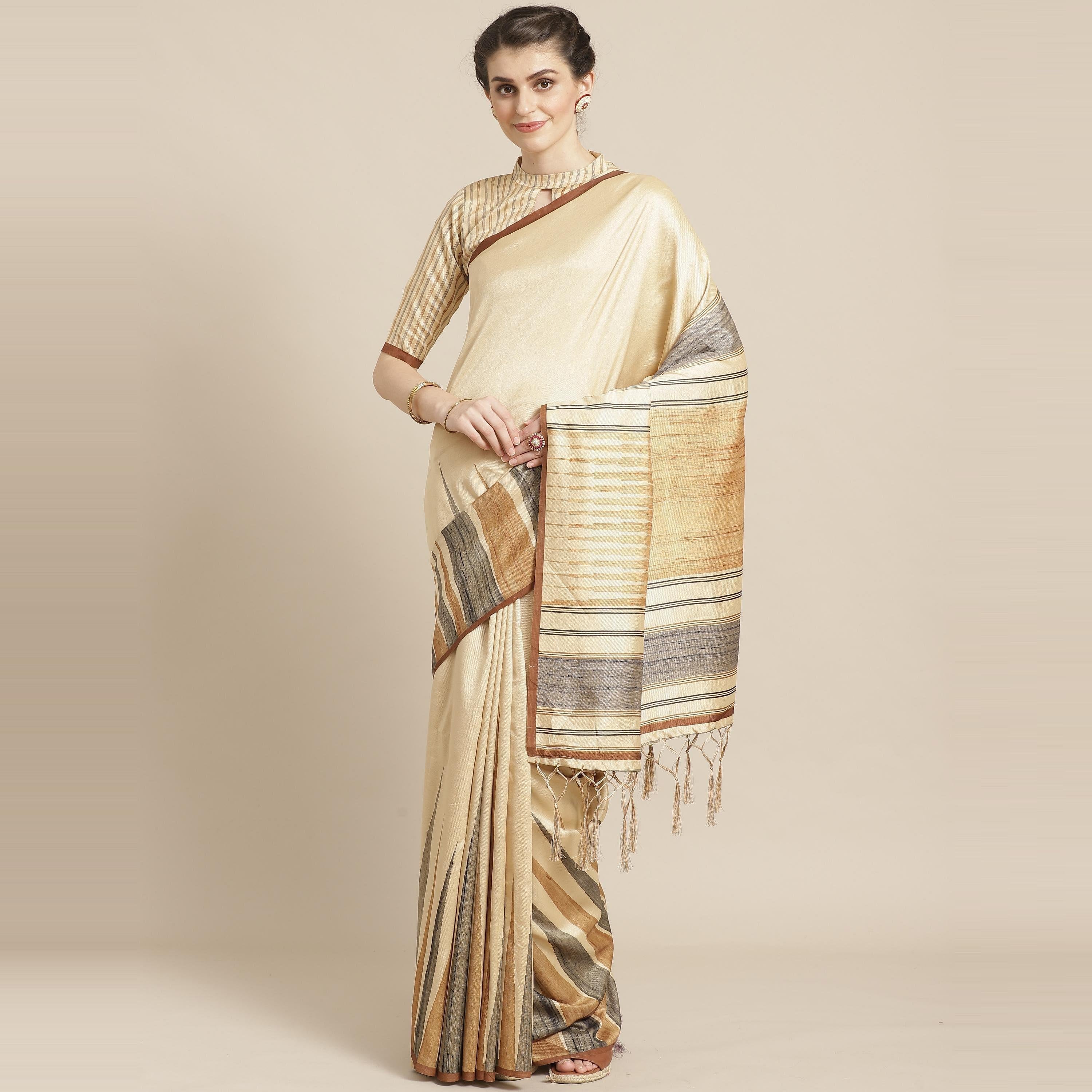 Beautiful Beige-Mustard Colored Casual Wear Printed Silk Blend Saree - Peachmode