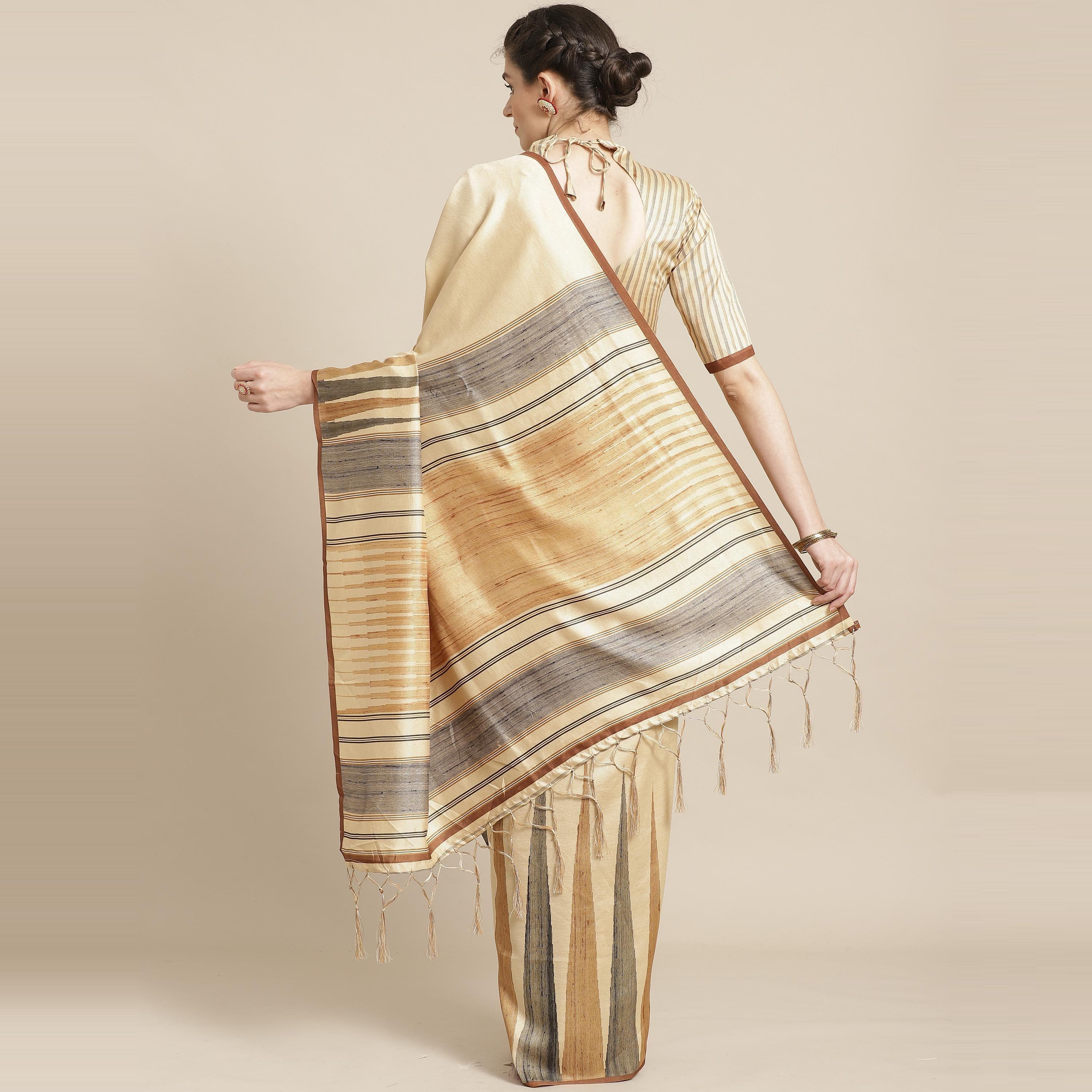 Beautiful Beige-Mustard Colored Casual Wear Printed Silk Blend Saree - Peachmode