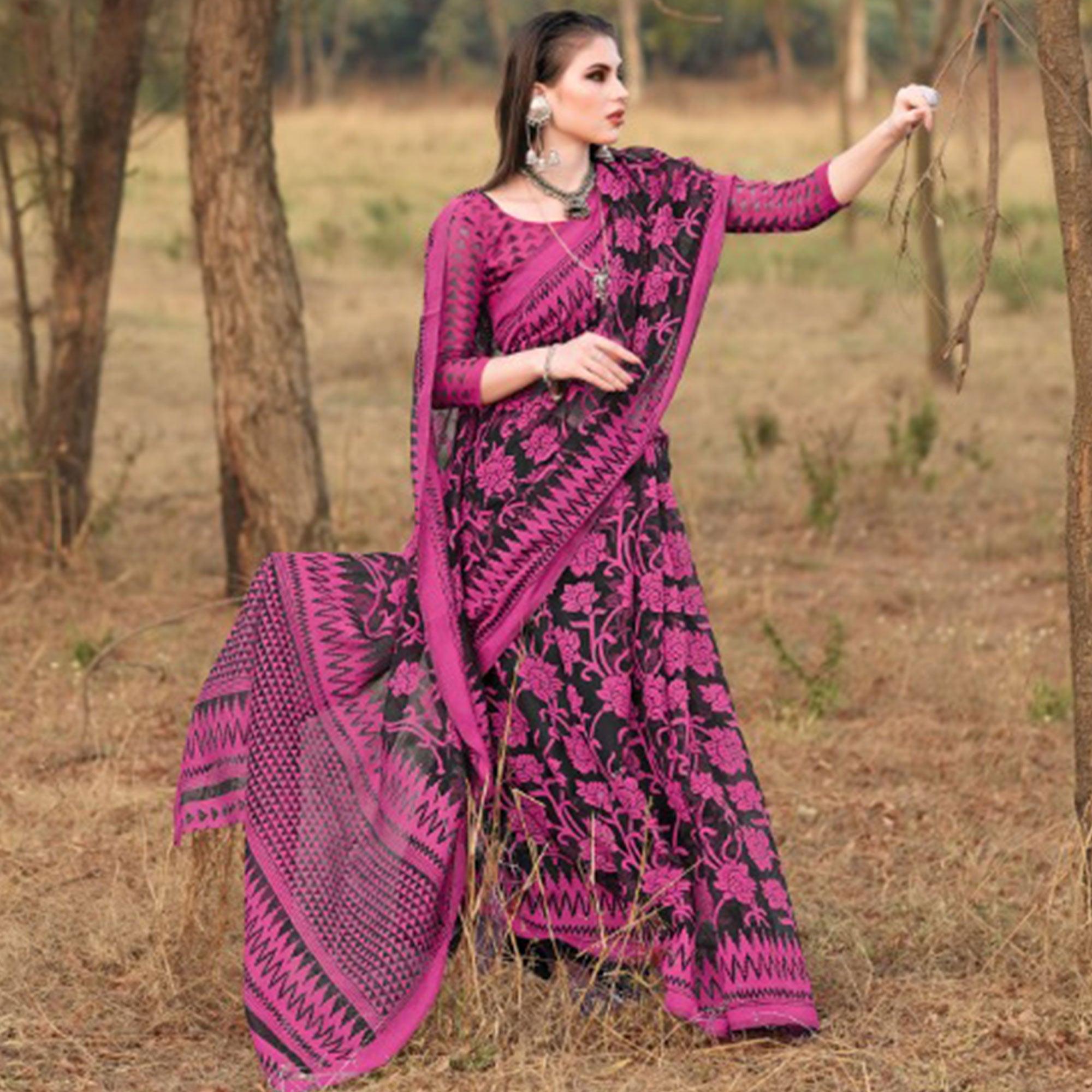 Beautiful Black & Pink Colored Casual Wear Printed Brasso Saree - Peachmode