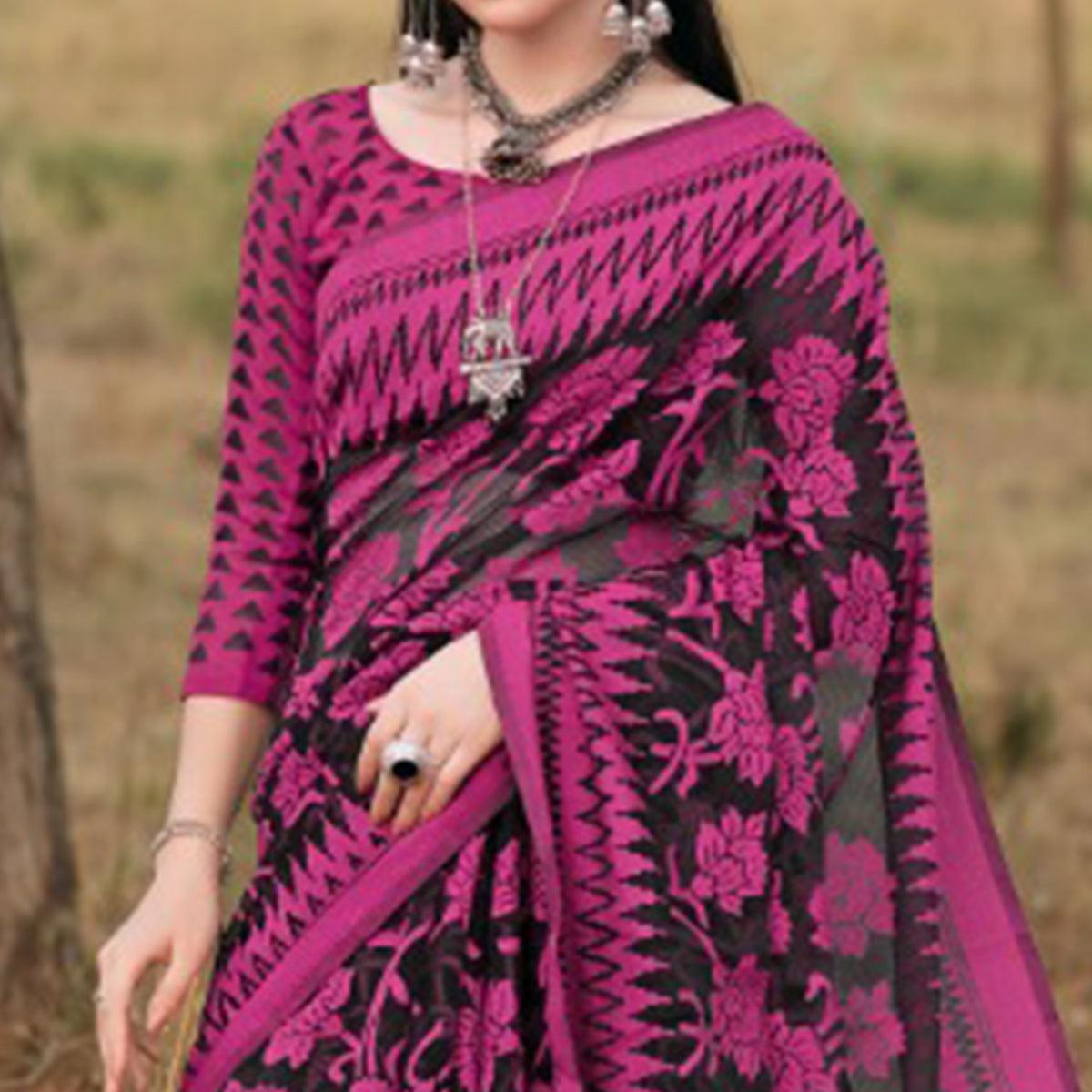 Beautiful Black & Pink Colored Casual Wear Printed Brasso Saree - Peachmode