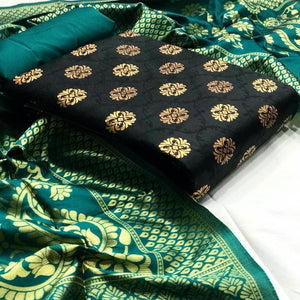 Beautiful Black Colored Casual Wear Banarasi Silk Dress Material - Peachmode