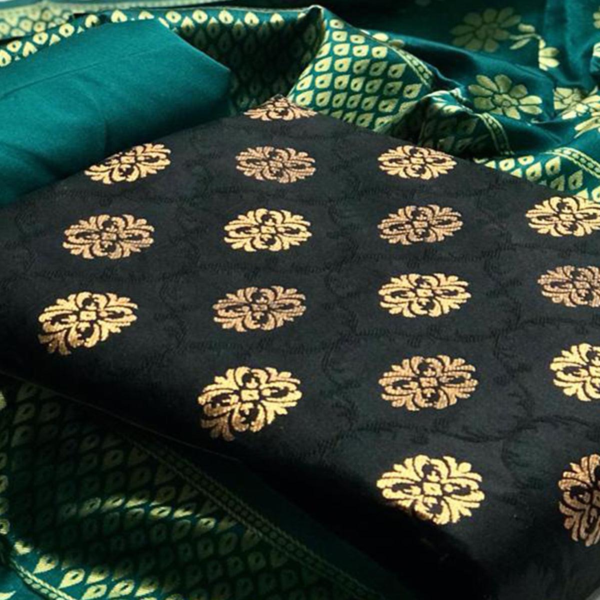 Beautiful Black Colored Casual Wear Banarasi Silk Dress Material - Peachmode