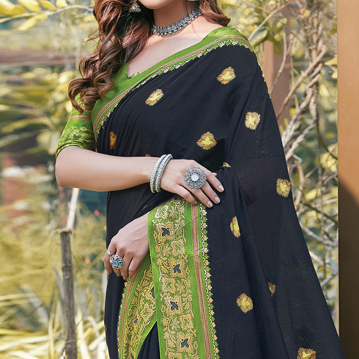 Beautiful Black Colored Festive Wear Woven Cotton Saree - Peachmode
