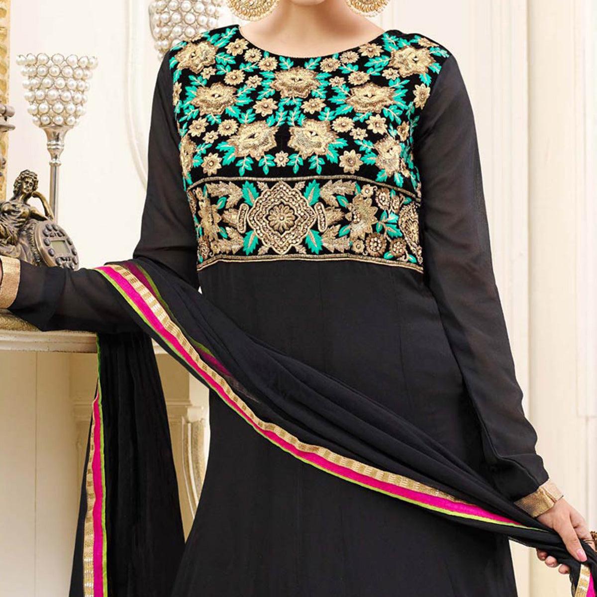 Beautiful Black Embroidered Georgette Anarkali Suit - Peachmode