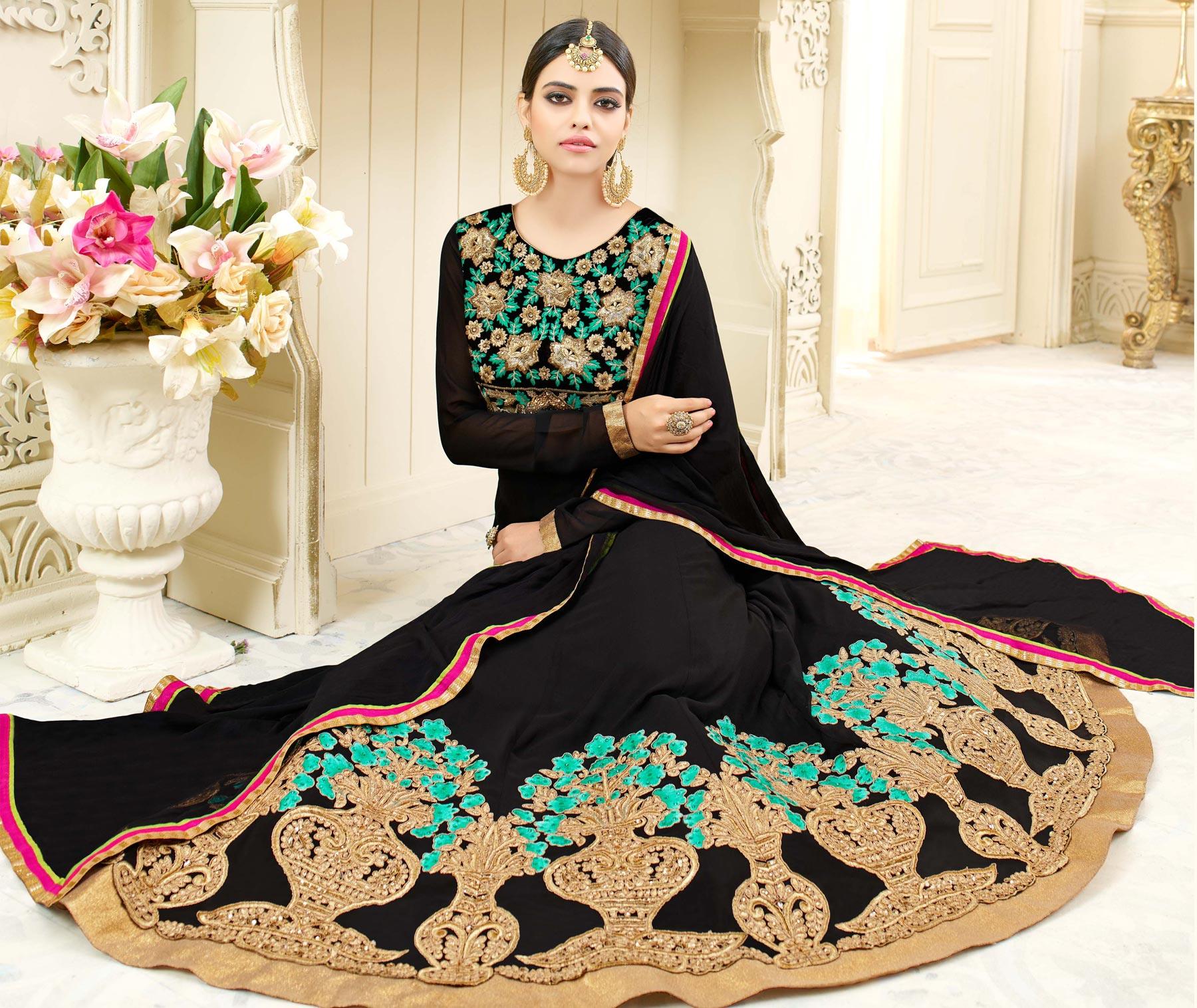 Beautiful Black Embroidered Georgette Anarkali Suit - Peachmode