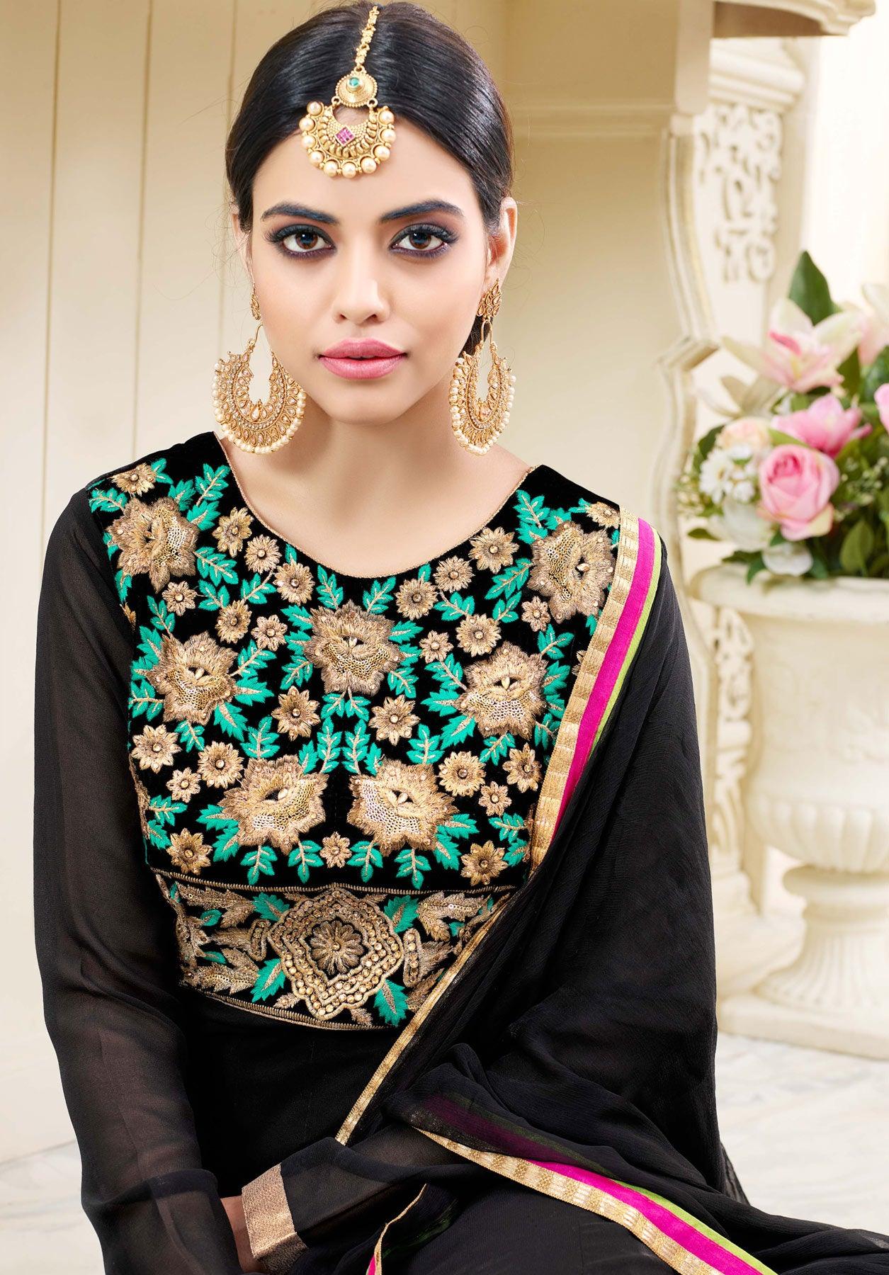 Beautiful Black Embroidered Georgette Anarkali Suit - Peachmode