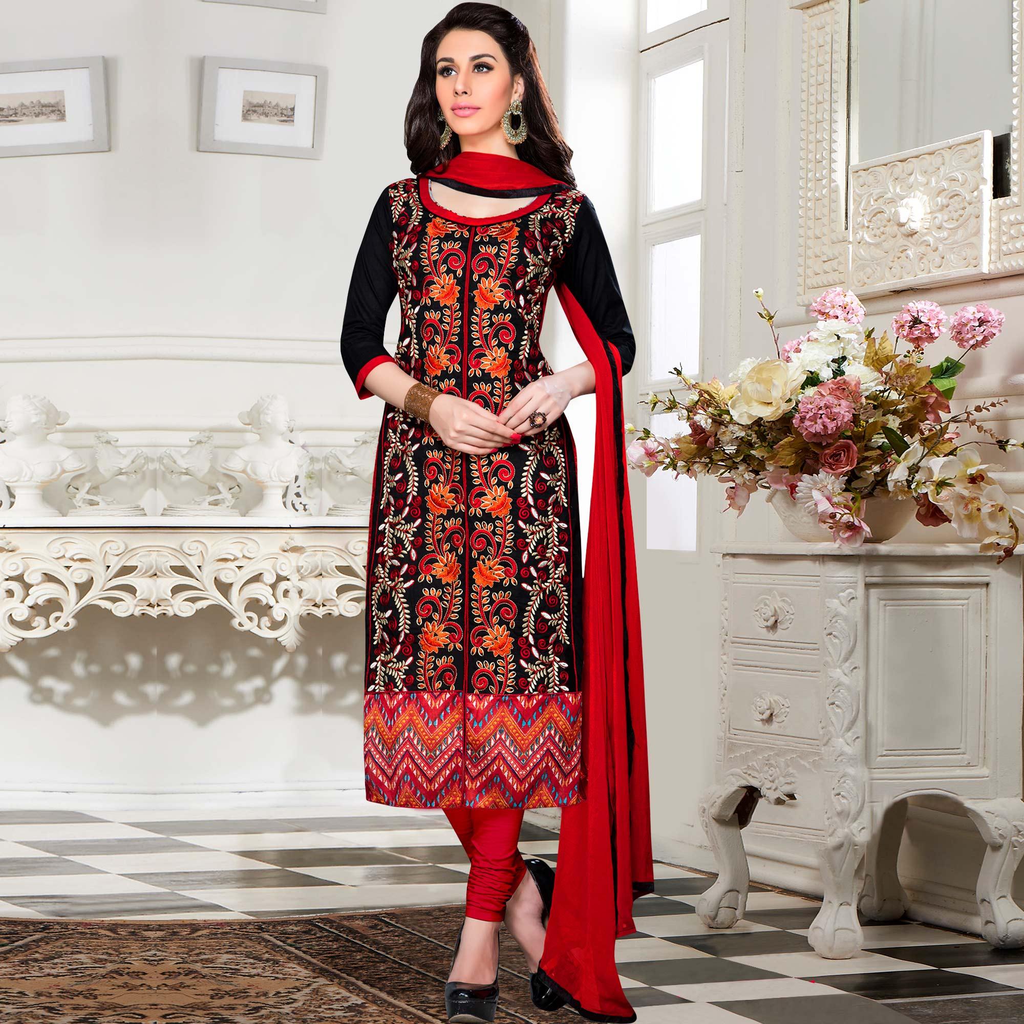 Beautiful Black - Red Colored Casual Wear Embroidered Cotton Dress Material - Peachmode
