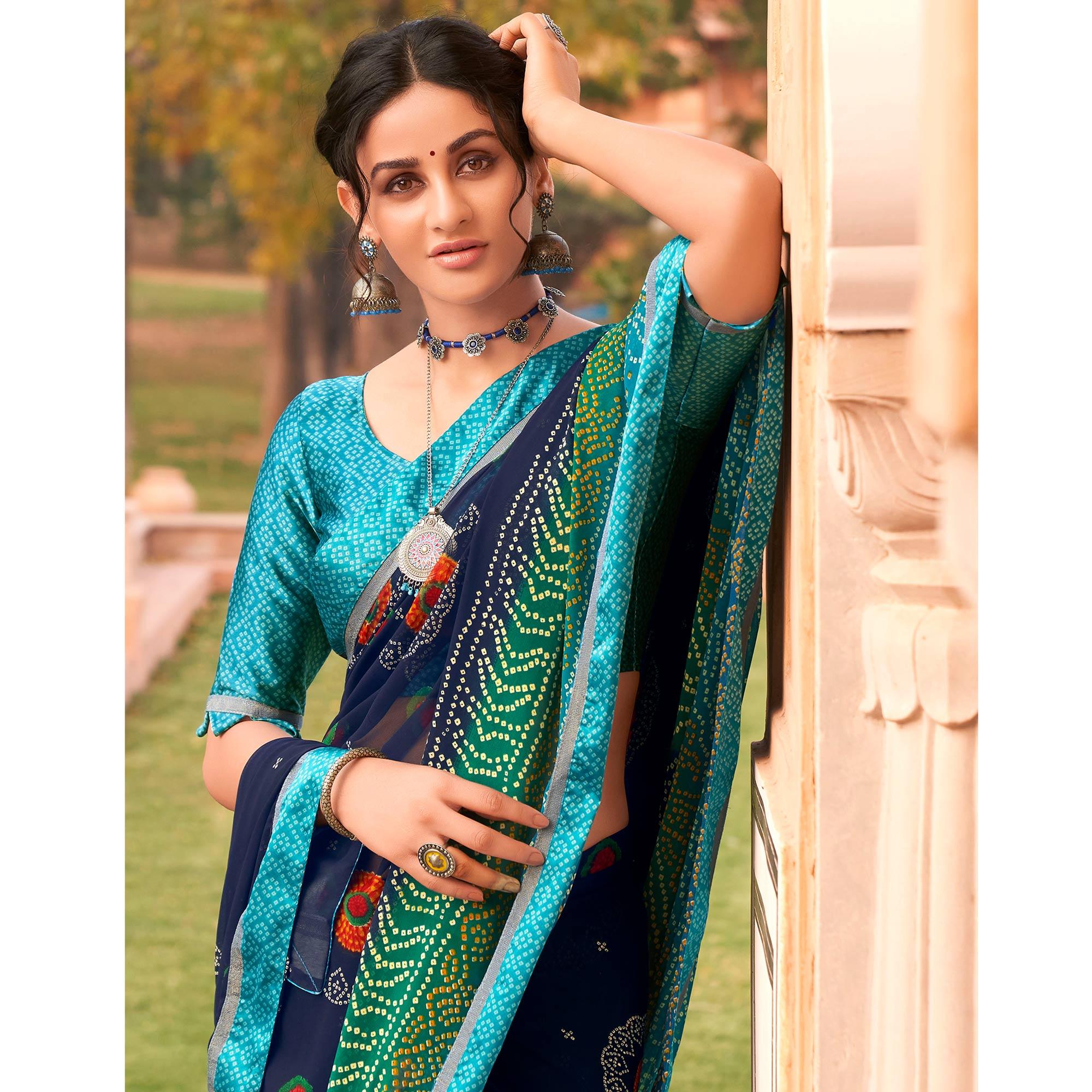 Beautiful Blue Colored Casual Wear Bandhani Printed Georgette Saree - Peachmode