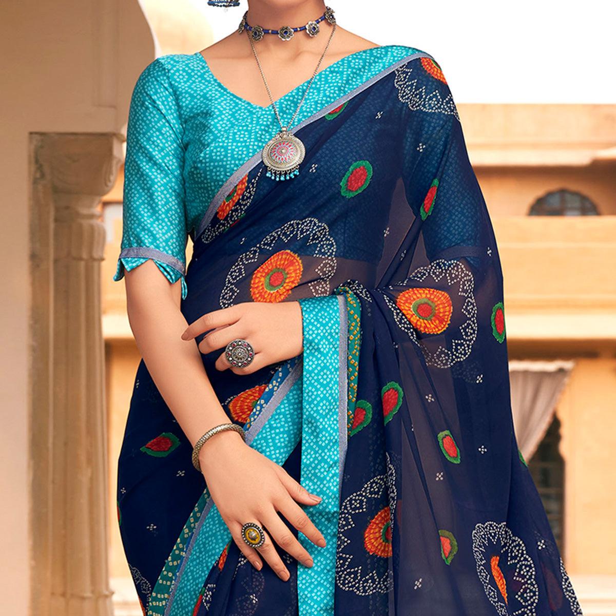 Beautiful Blue Colored Casual Wear Bandhani Printed Georgette Saree - Peachmode