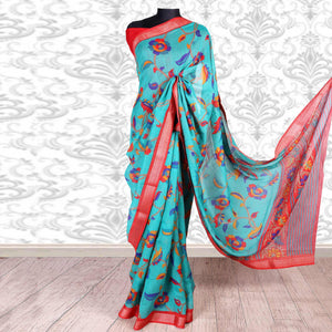 Beautiful Blue Colored Casual Wear Printed Cotton Silk Saree - Peachmode