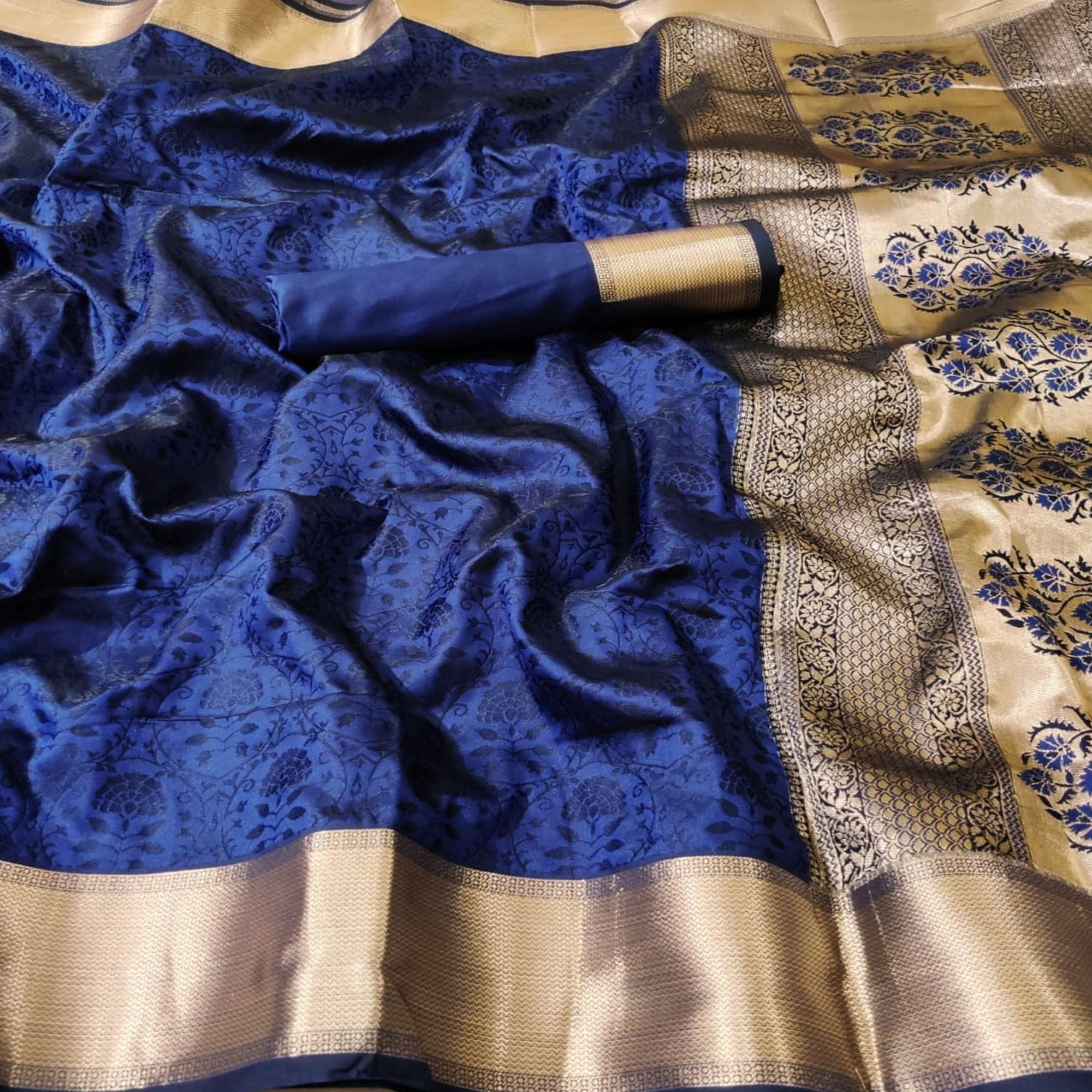 Beautiful Blue Colored Festive Wear Woven Heavy Silk Saree - Peachmode