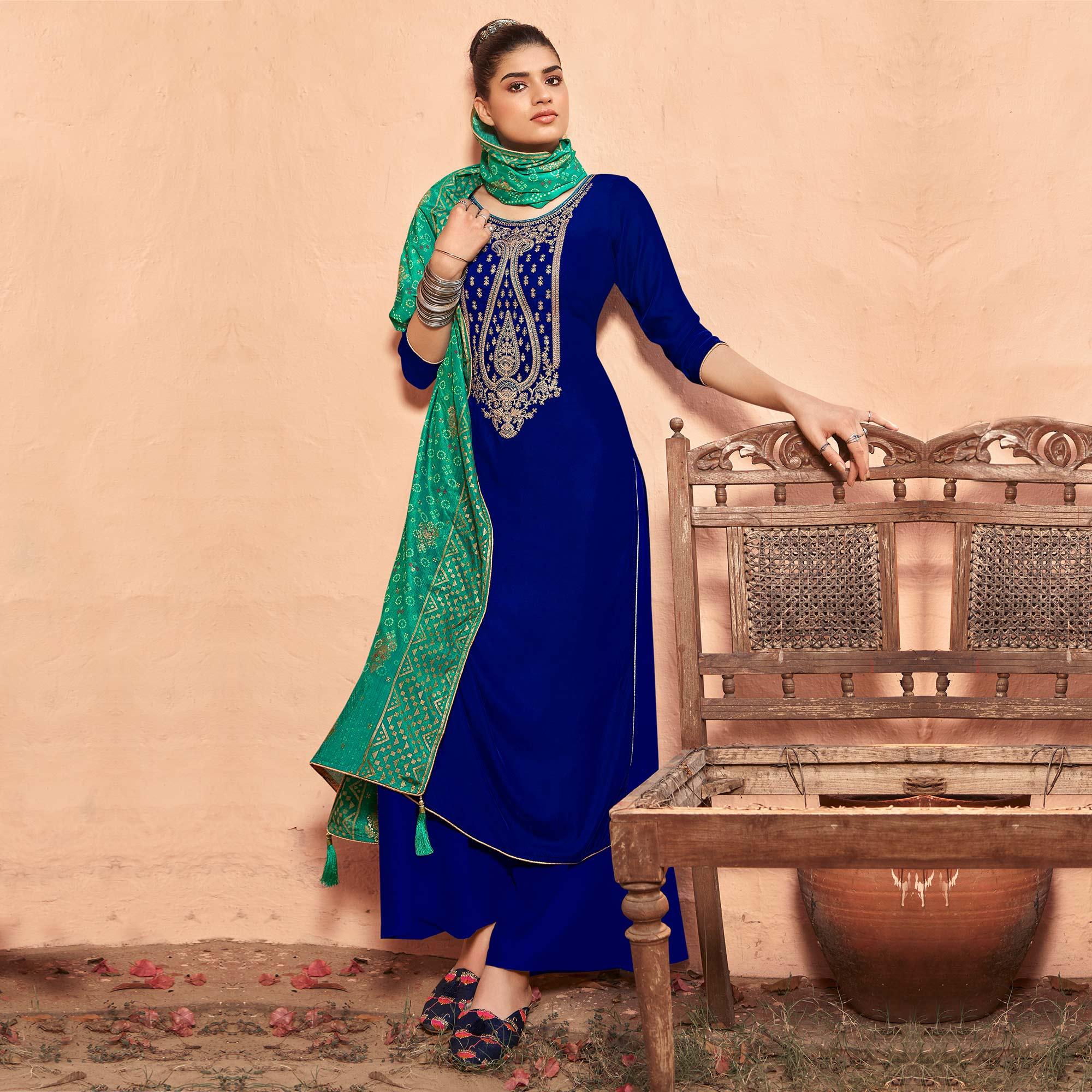 Beautiful Blue Coloured Partywear Embroidered Velvet Dress Material - Peachmode