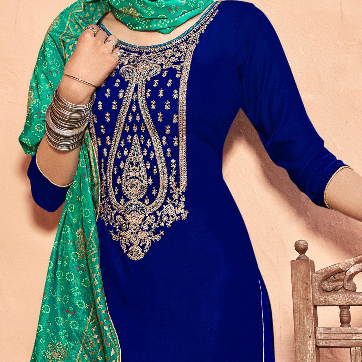 Beautiful Blue Coloured Partywear Embroidered Velvet Dress Material - Peachmode