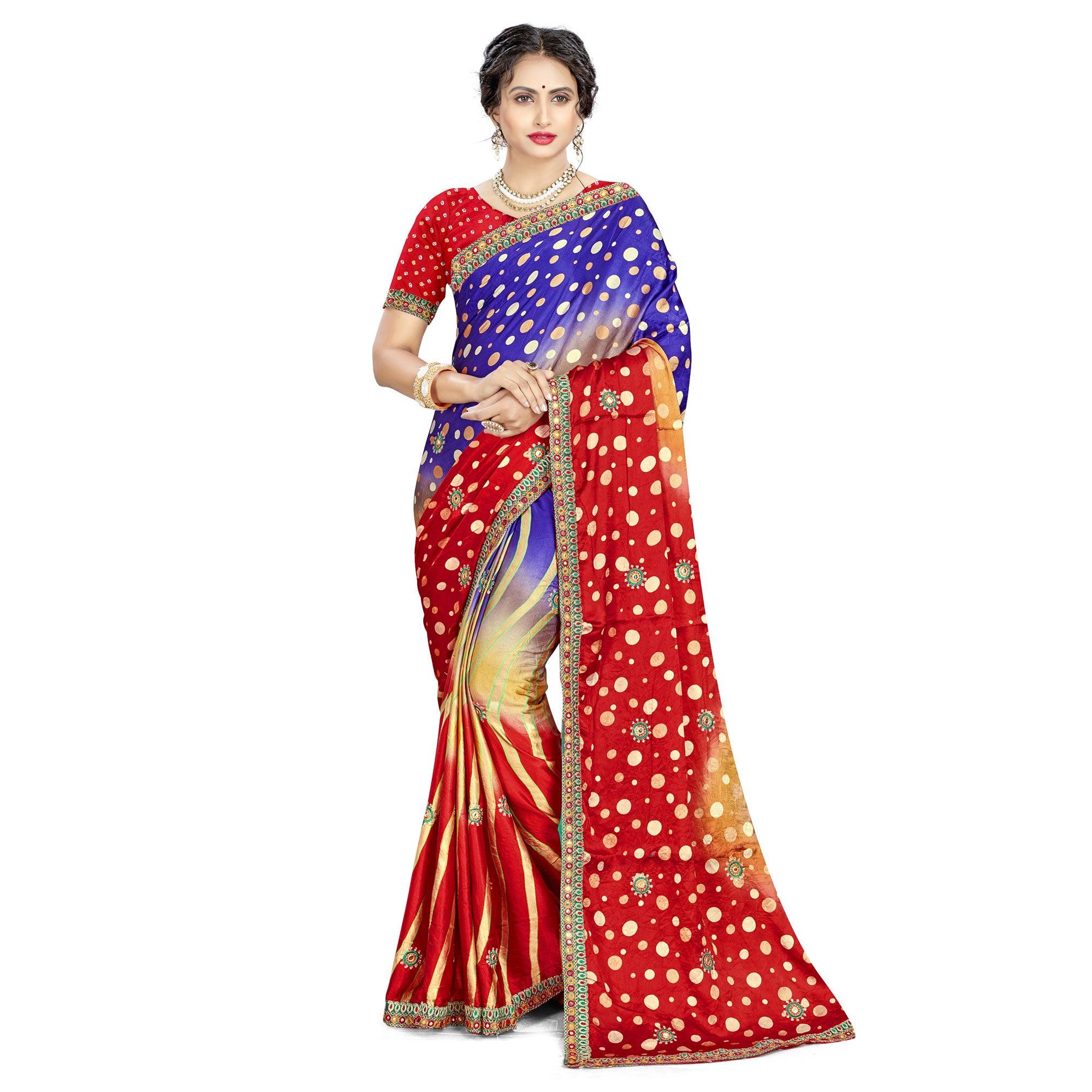 Beautiful Blue - Red Colored Casual Wear Printed Satin Saree - Peachmode