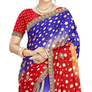 Beautiful Blue - Red Colored Casual Wear Printed Satin Saree - Peachmode